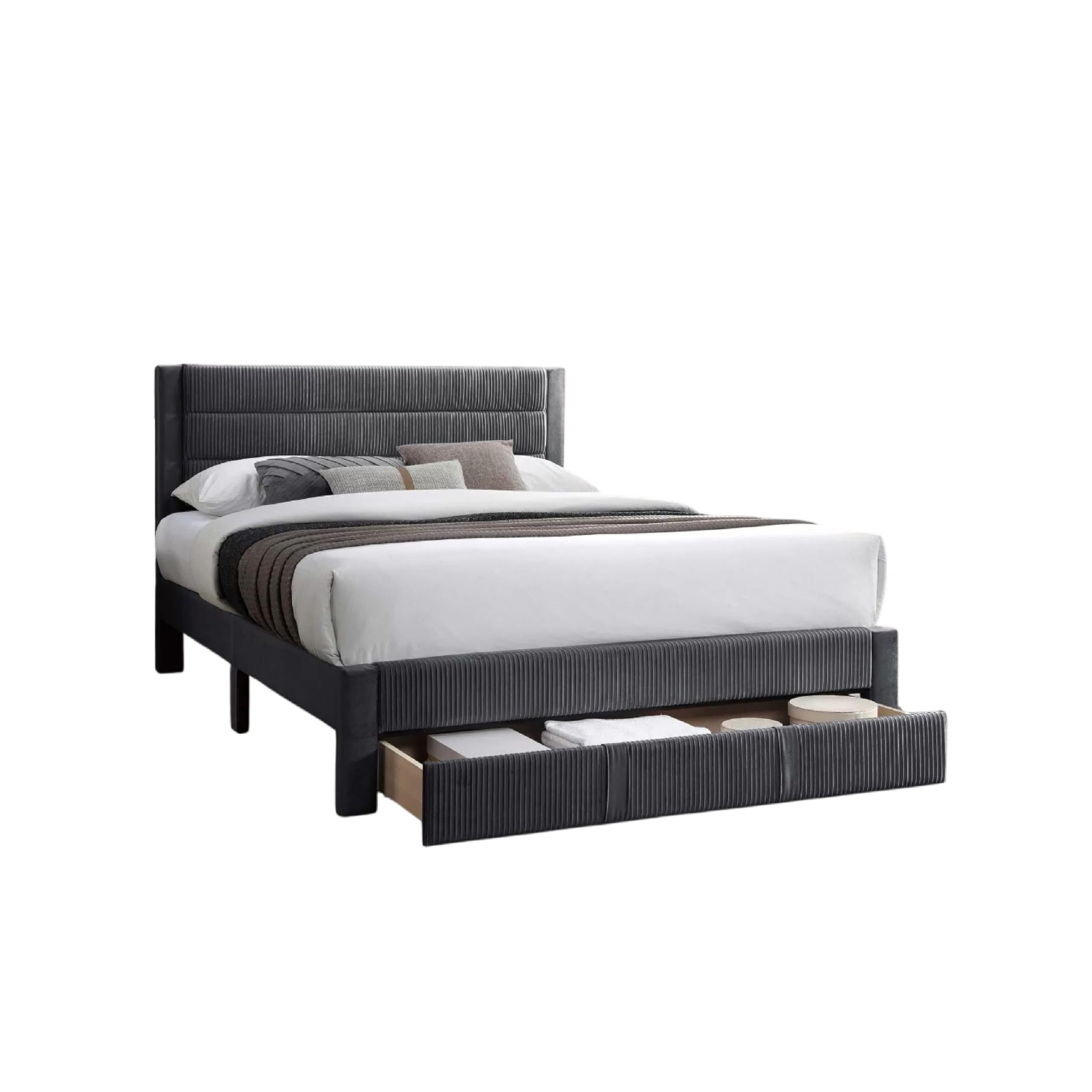 Daisy Full Bed w Drawer, Charcoal Gray Corduroy Upholstery, Foam