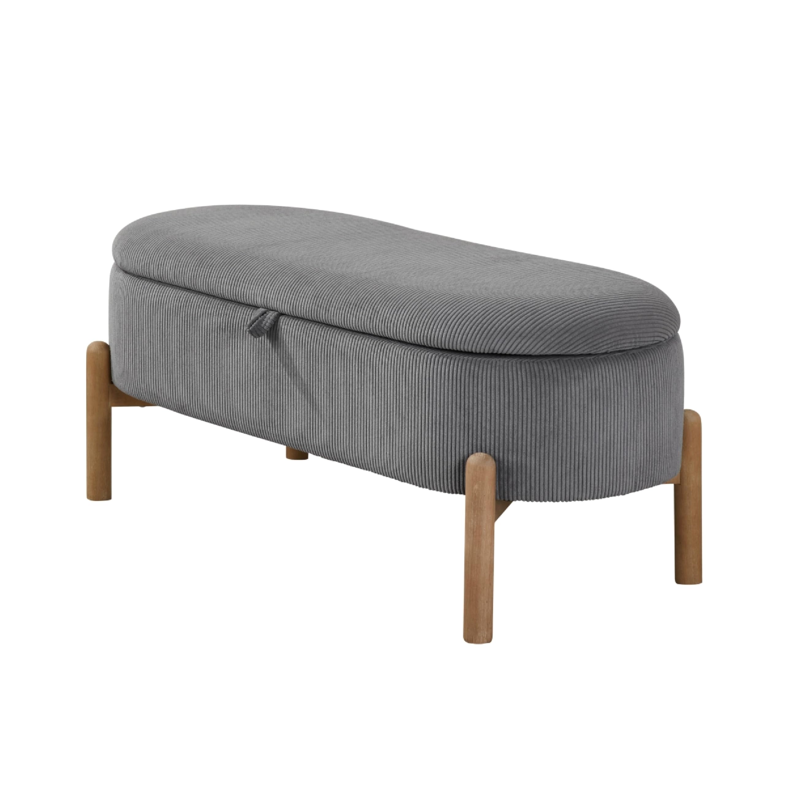 Fian Storage Bench w Lift Top, Natural Brown Legs, Gray Corduroy 42 Inch