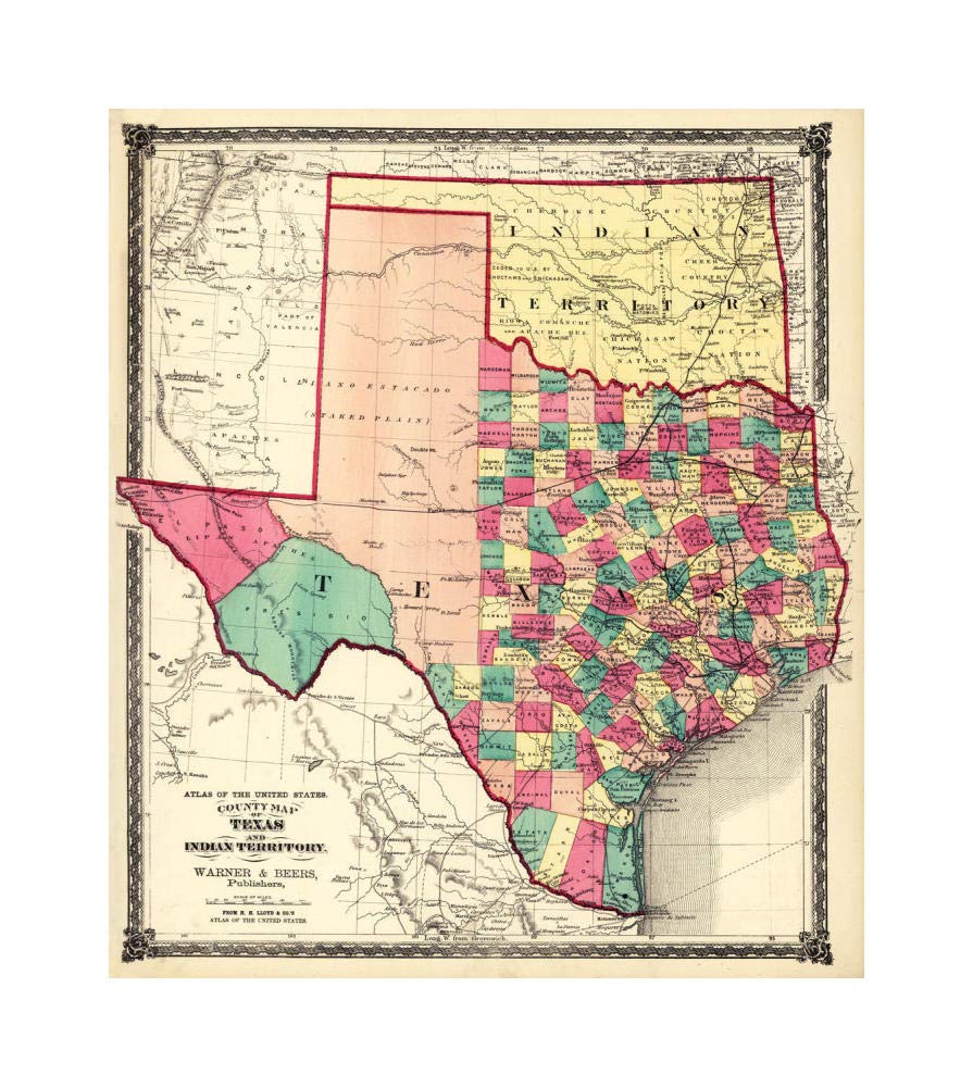 County Map of Texas, and Indian Territory, 1874-Paper Art-16x18”