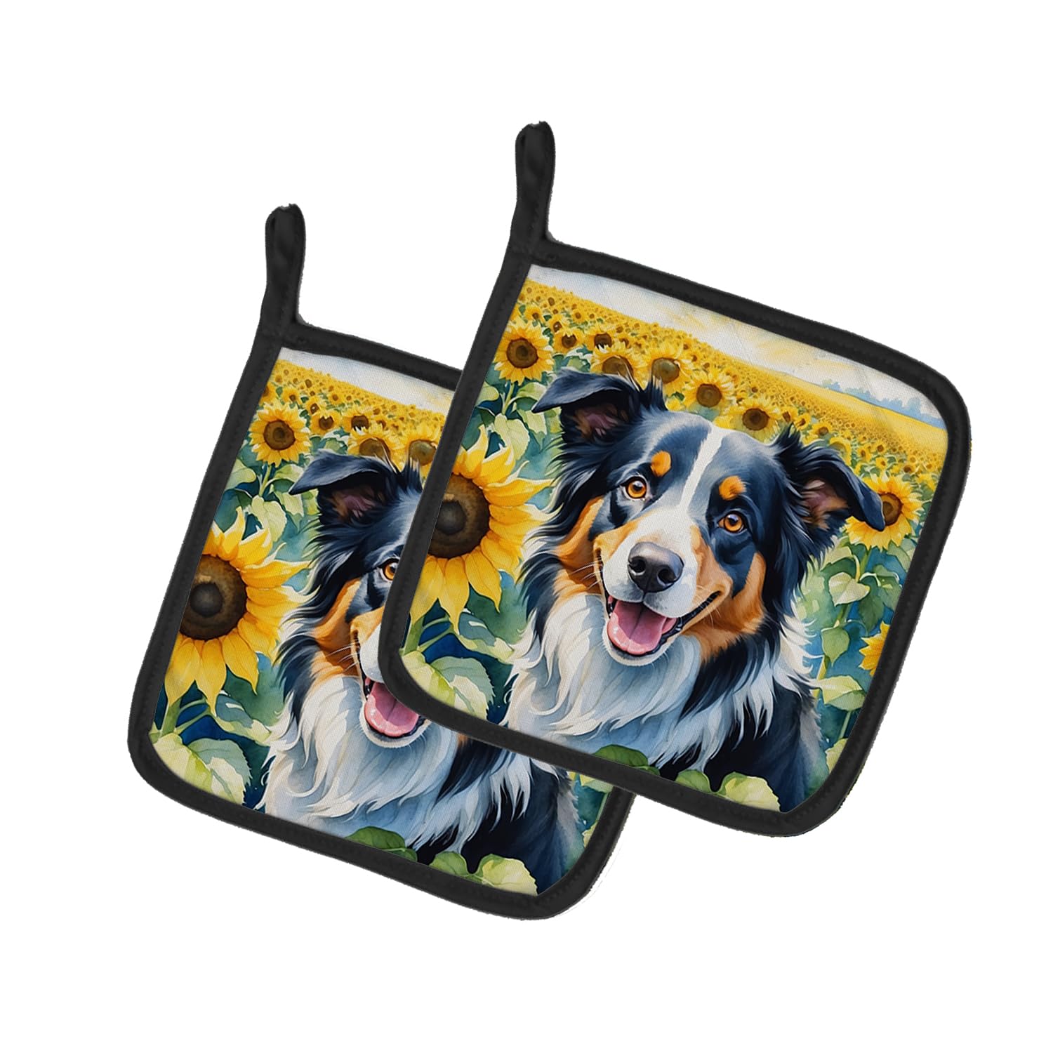 Border Collie in Sunflowers Pair of Pot Holders