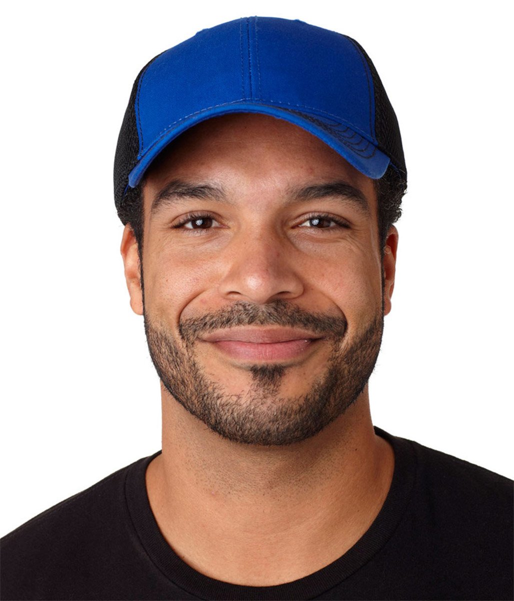 FA102 | FAIRWAY- Washed Cotton twill, Six Panel, Structured, Mid-Profile Cap with Soft Mesh Back Panels, Contrast Stitching on Visor and hook and loop closure. - ROYAL/BLACK