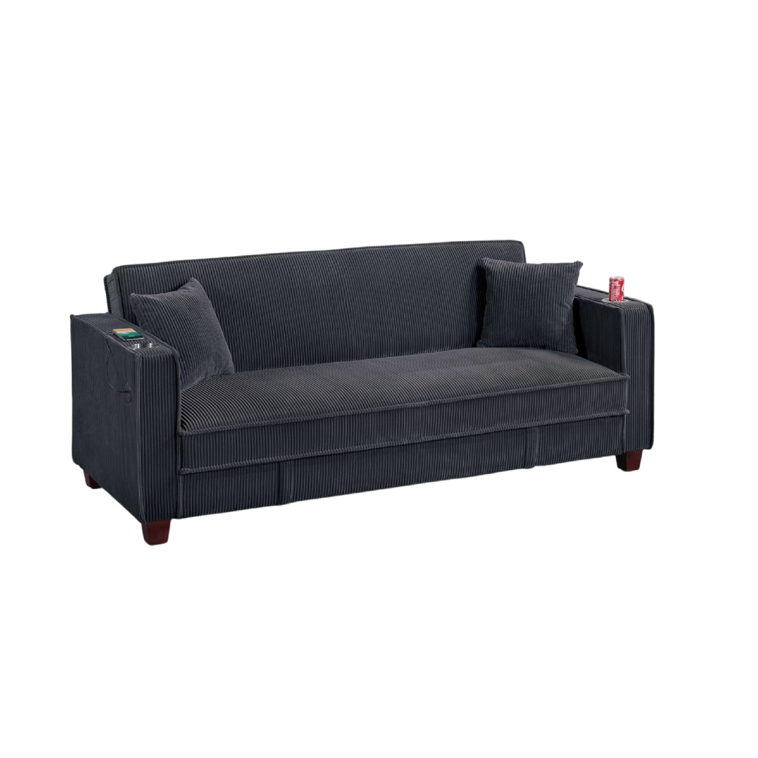 Lucy Sofa Bed with USB Ports, 2 Pillows, Black Corduroy, Cupholders