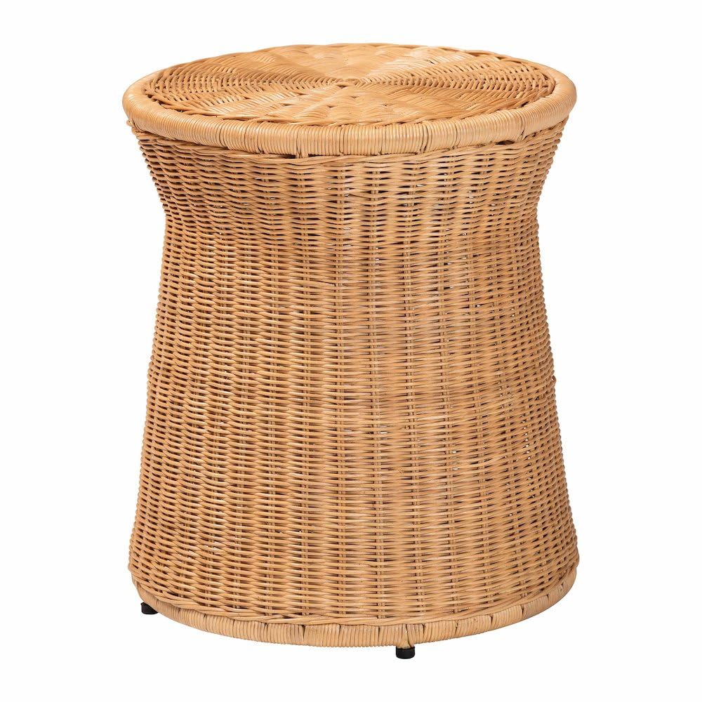 bali & pari Caroline Round Natural Rattan End Table - Handwoven Wicker Drum Shape Accent Table for Living Room or Sunroom, Light Honey