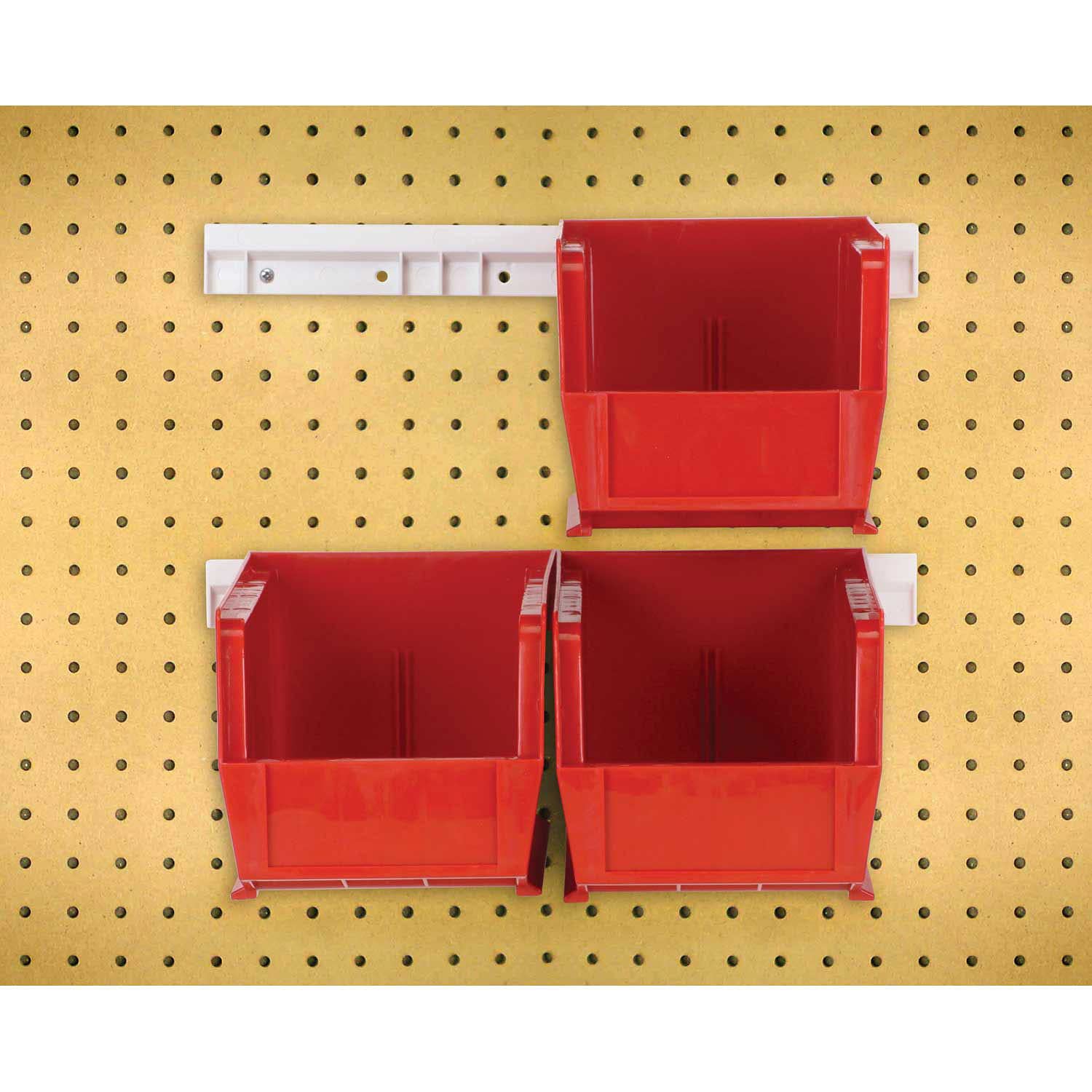 Hang-n-Stack Bin,  package, includes: (4) 10-7/8L x 5-1/2?? x 5?? (QUS230) red bin and (2) bin rails