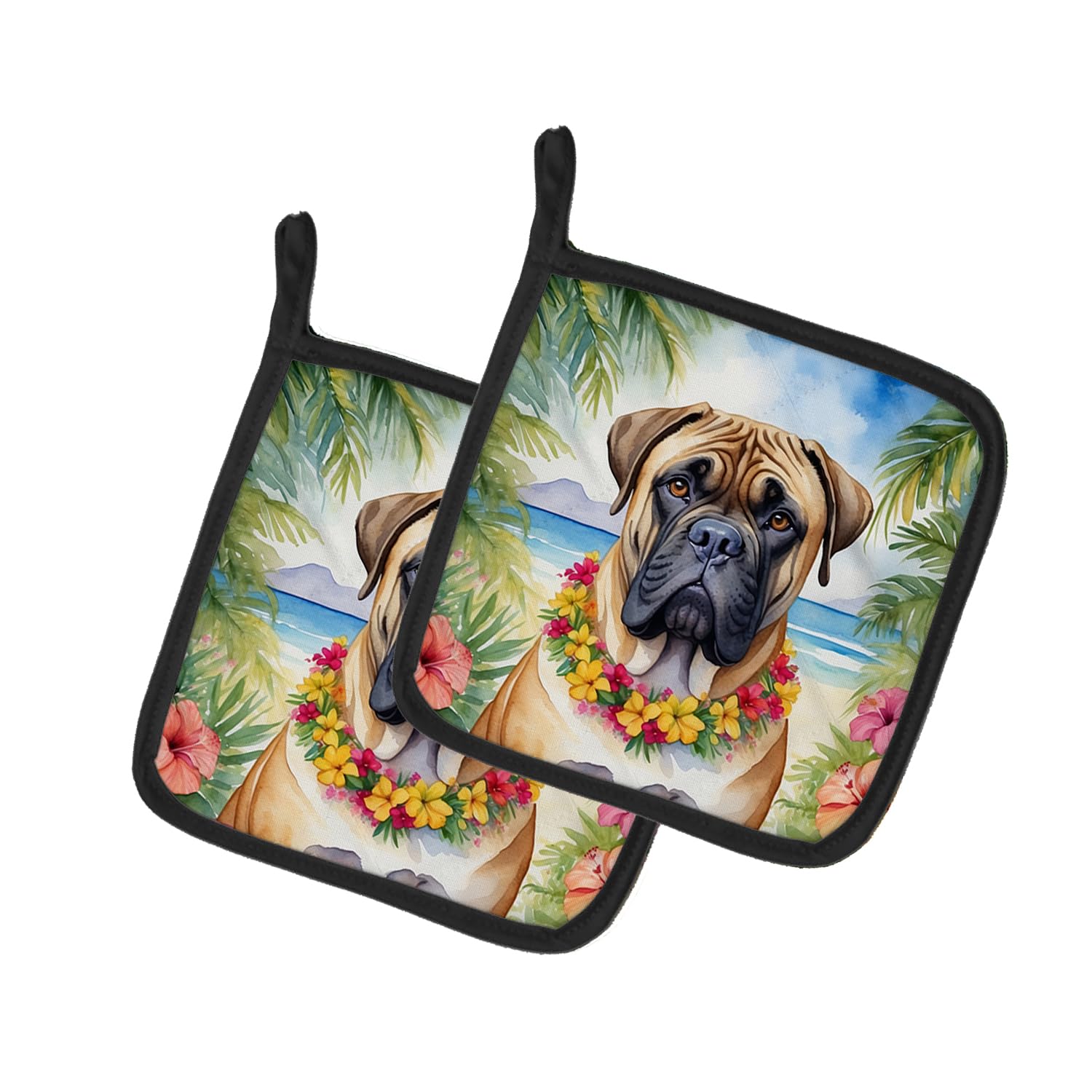 Bullmastiff Luau Pair of Pot Holders