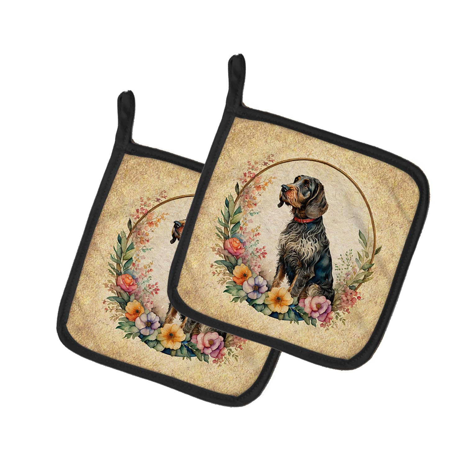 German Wirehaired Pointer and Flowers Pair of Pot Holders