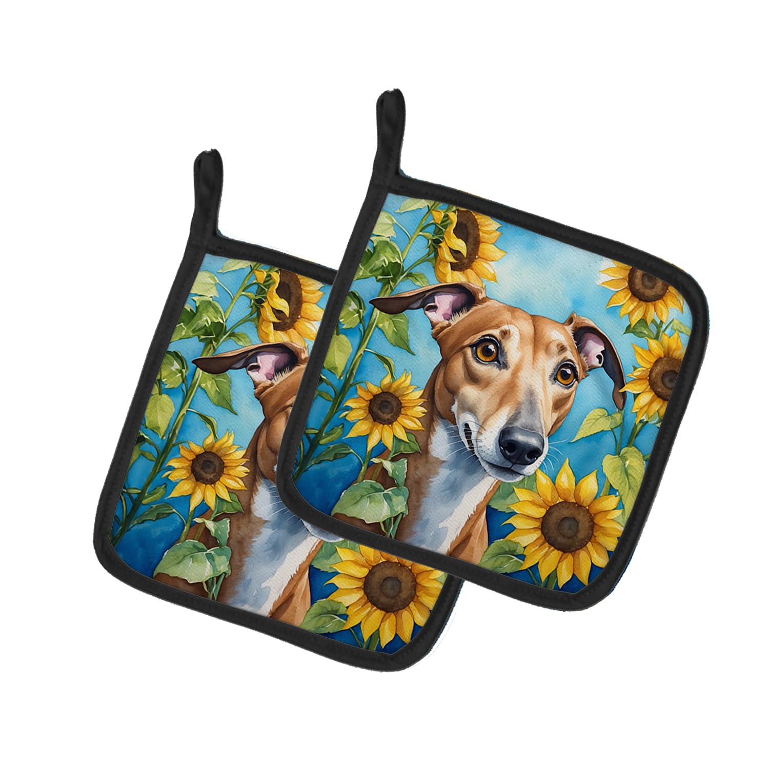 Greyhound in Sunflowers Pair of Pot Holders