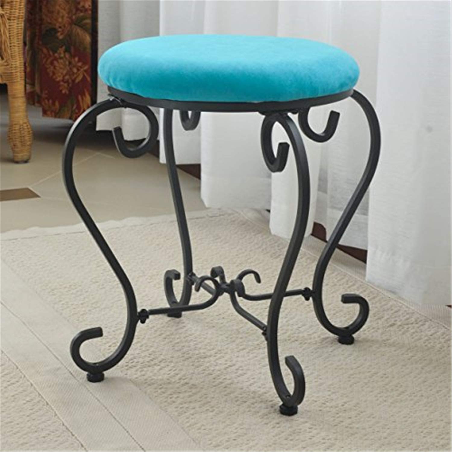 Round Iron Vanity Stool with Cushion -Aqua Blue