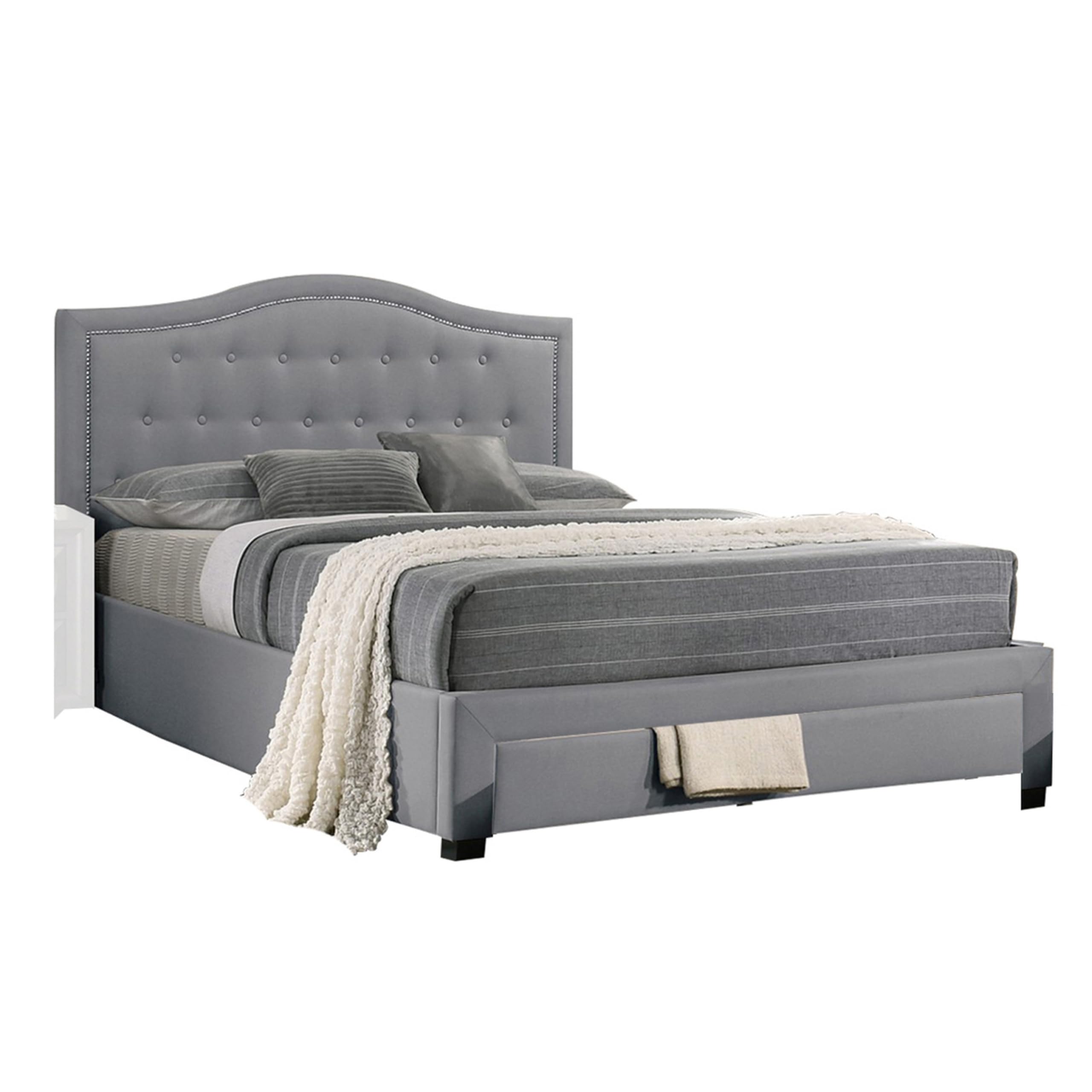 Sey California King Bed w Storage Drawer, Light Gray Burlap Upholstery