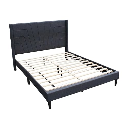 Nny Queen Size Bed with Tufted Headboard, Charcoal Burlap Upholstery, Wood
