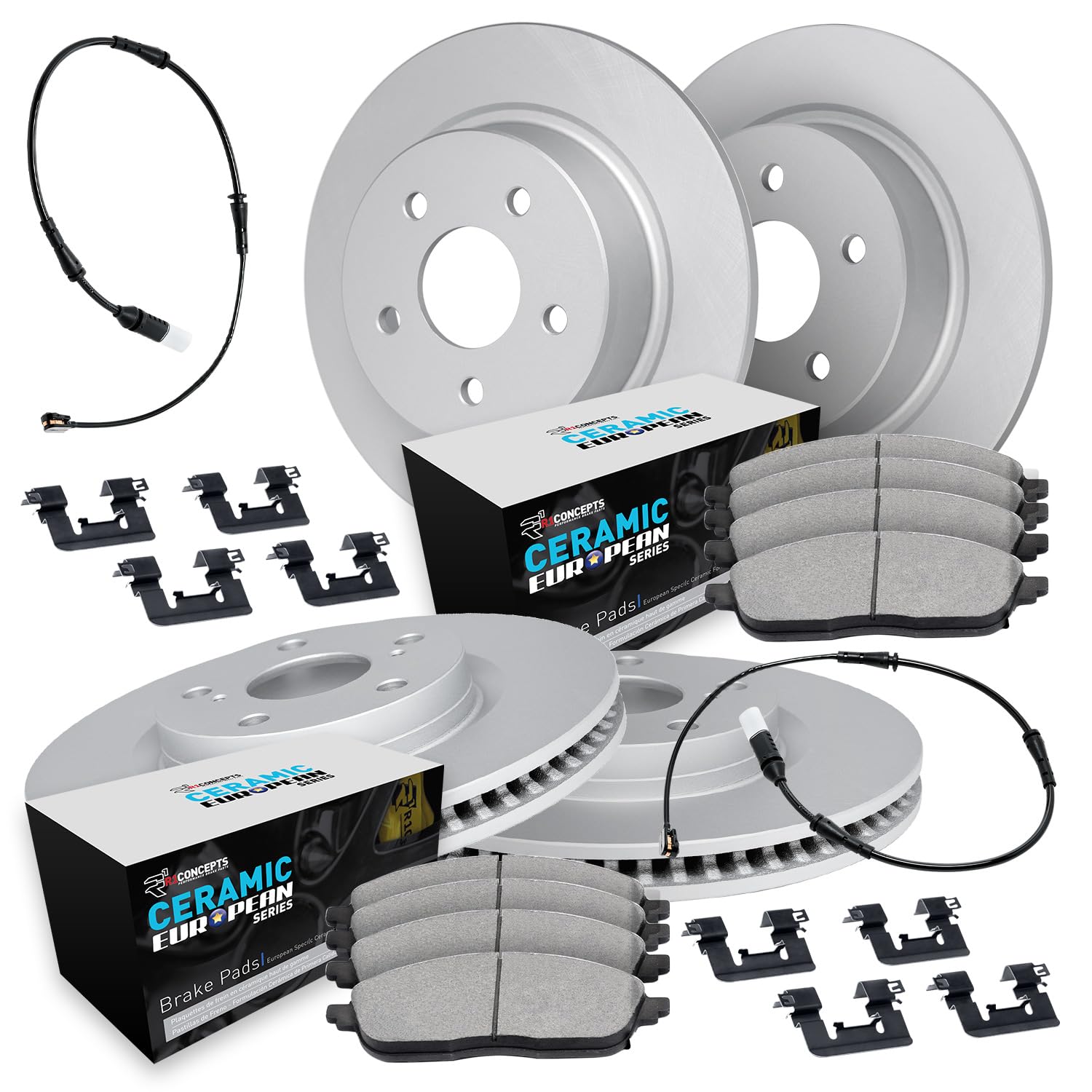 R1 Concepts Carbon Coated Disc Brake Rotor Set with Euro Ceramic Pads, Sensor, and Hardware WDTS2-11631