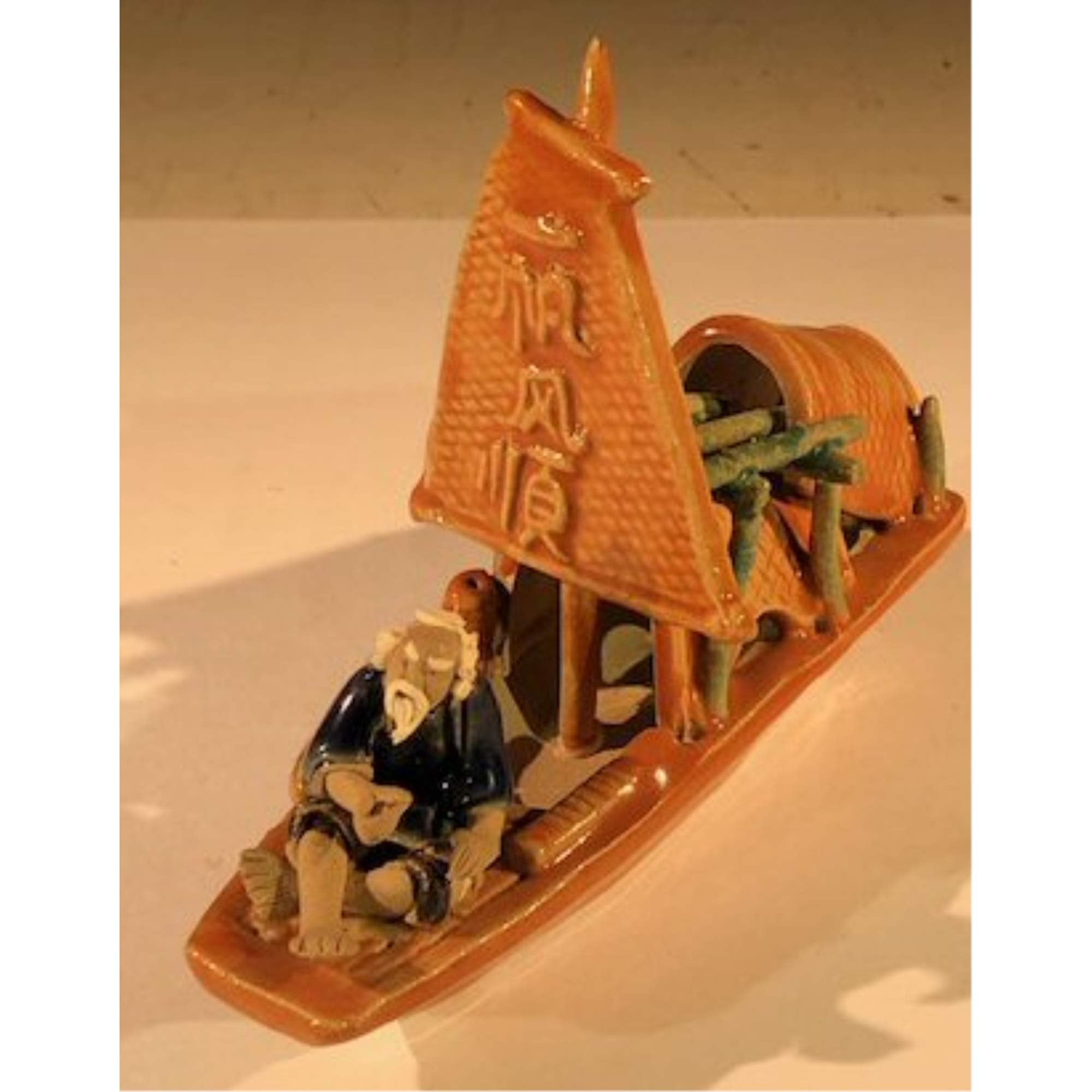 Man on Sampan Boat LargeGlazed Figurine