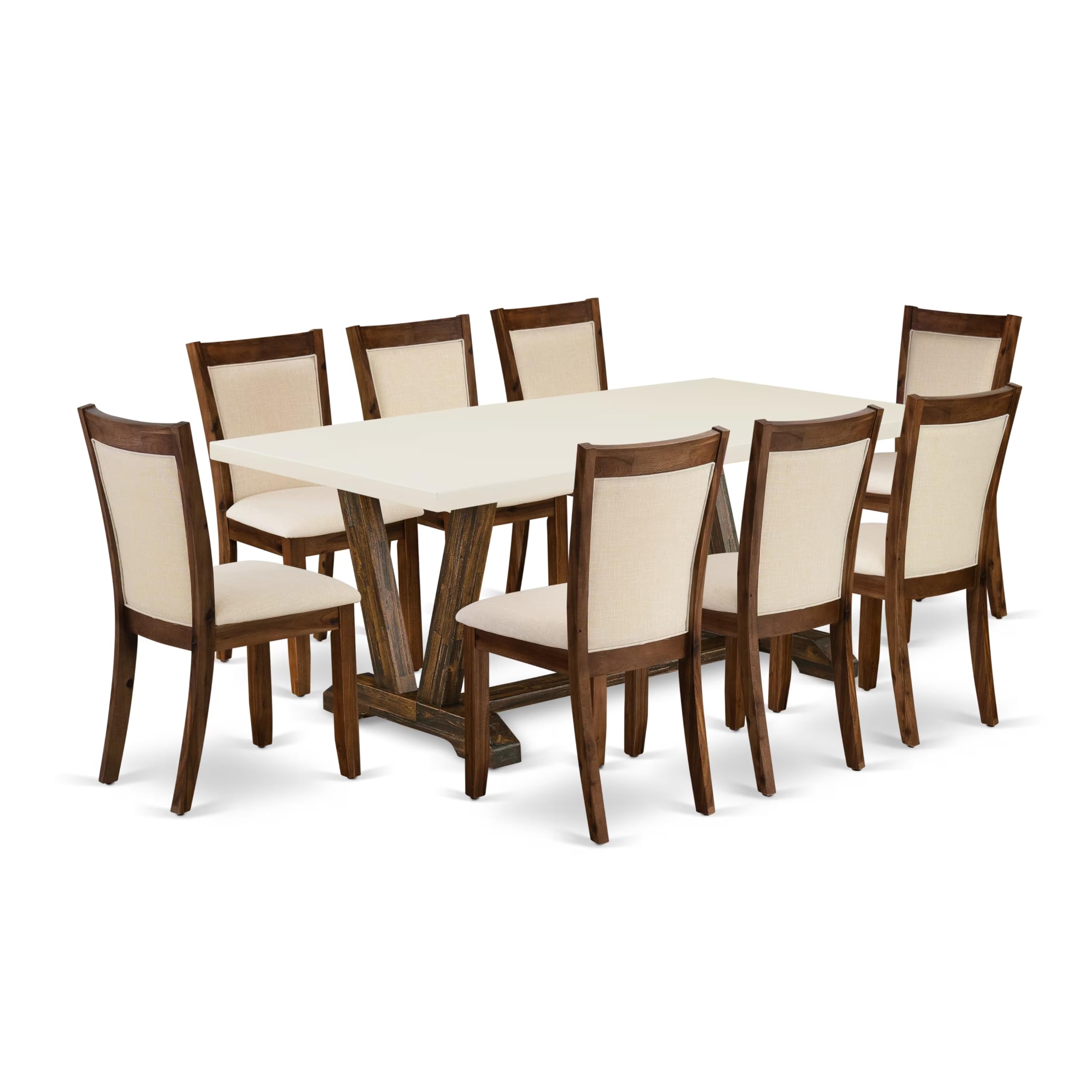East West Furniture - V727MZN32-9 - 9-Pc Kitchen Table Set - A Dining Room Table with Linen White Top and 8 Light Beige Fabric Modern Chairs with Stylish Back (Distressed Jacobean Finish)