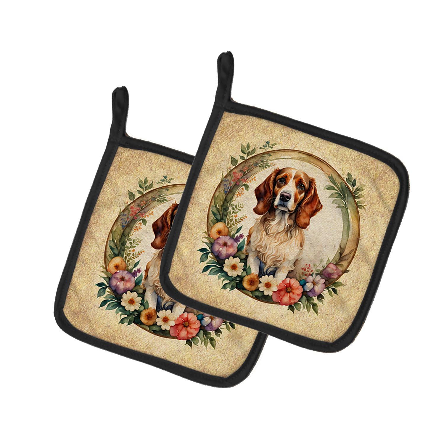 Brittany Spaniel and Flowers Pair of Pot Holders