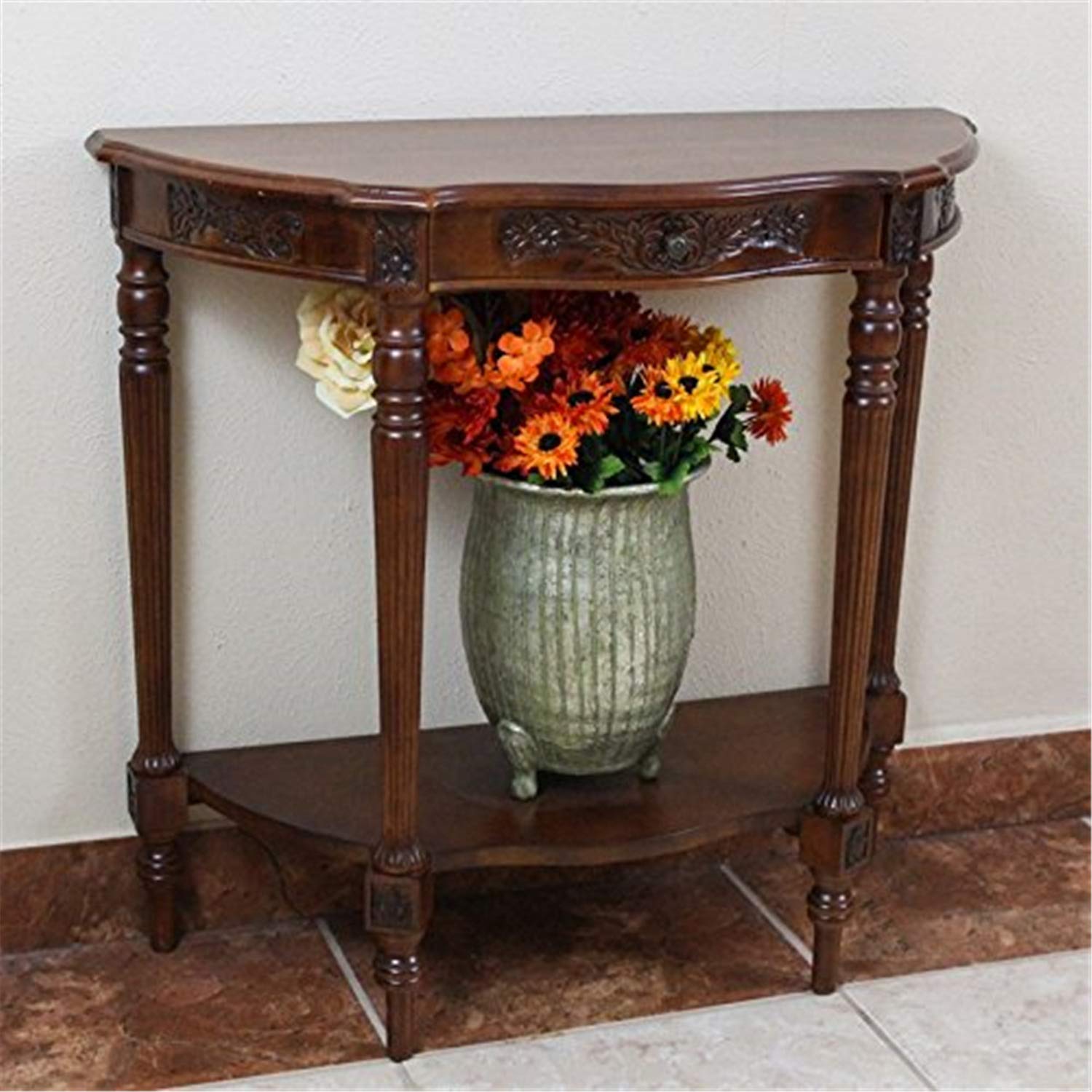 Windsor Mozi Carved Wood Half-moon Table - Walnut