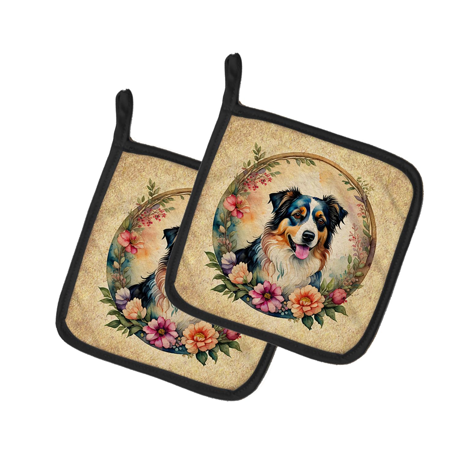 Australian Shepherd and Flowers Pair of Pot Holders