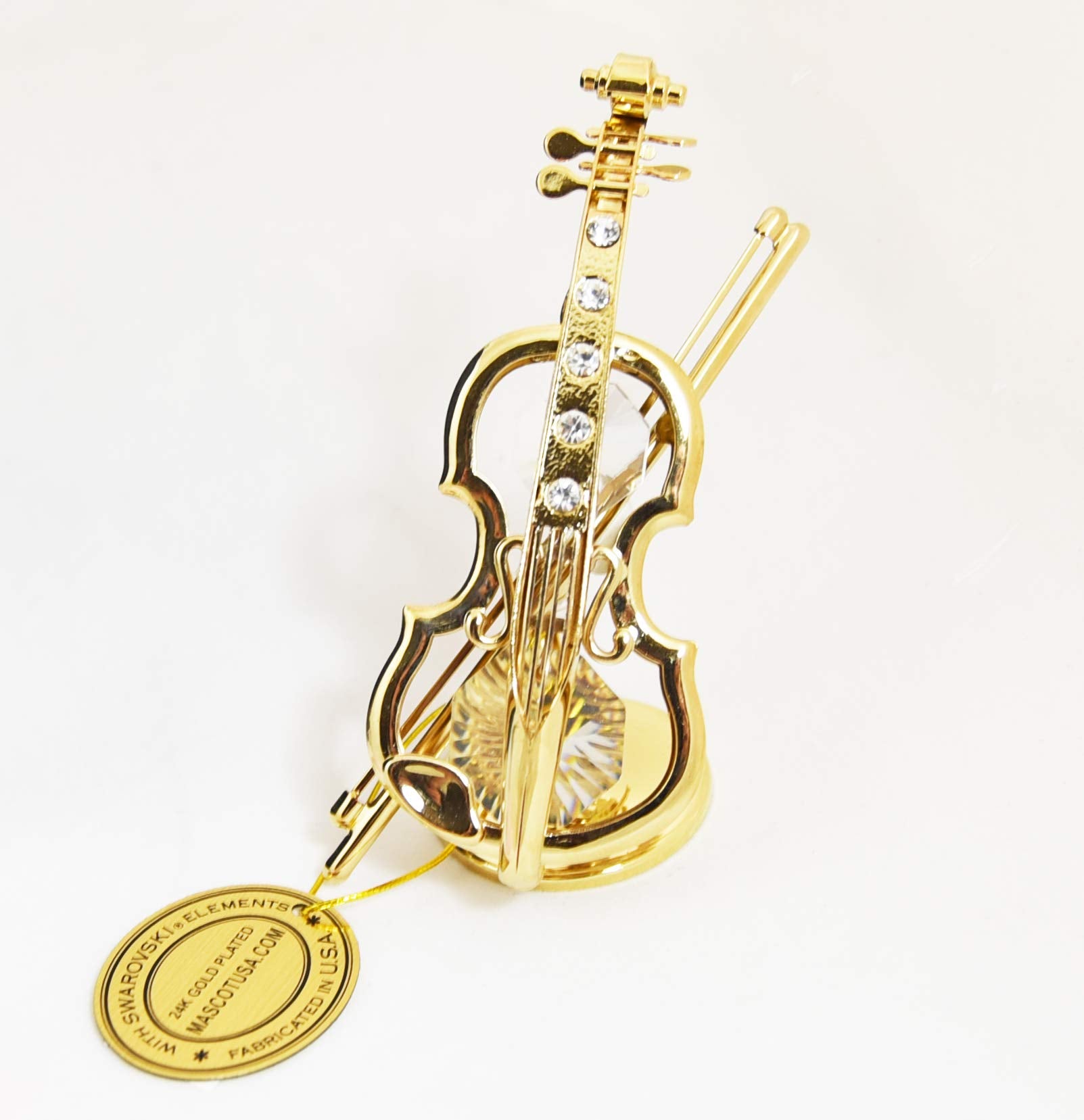 Gold Plated Violin on Stand with Clear Austrian Crystals