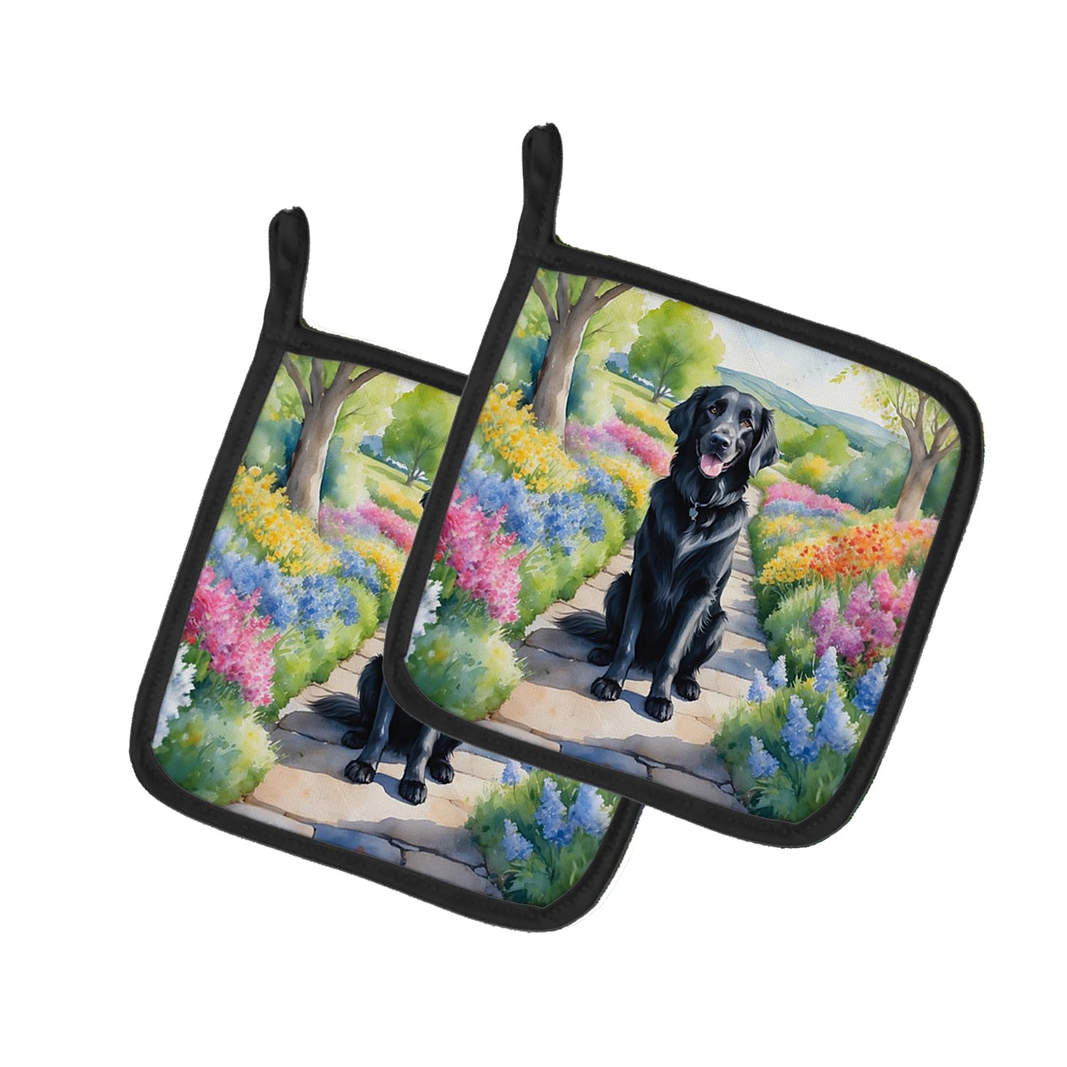 Flat-Coated Retriever Spring Path Pair of Pot Holders