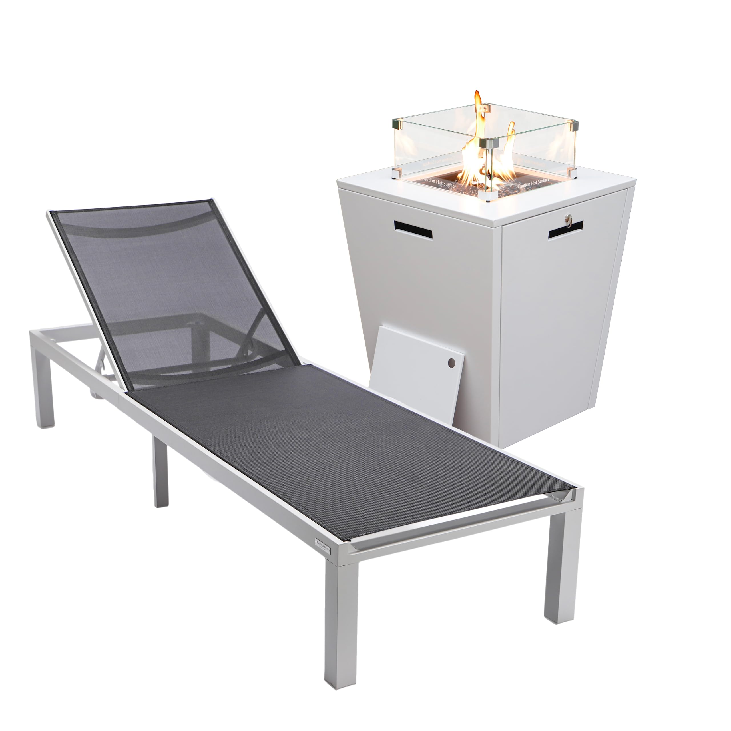 Leisuremod Marlin Modern White Aluminum Outdoor Chaise Lounge Chair With Square Fire Pit Side Table Perfect For Patio, Lawn, And