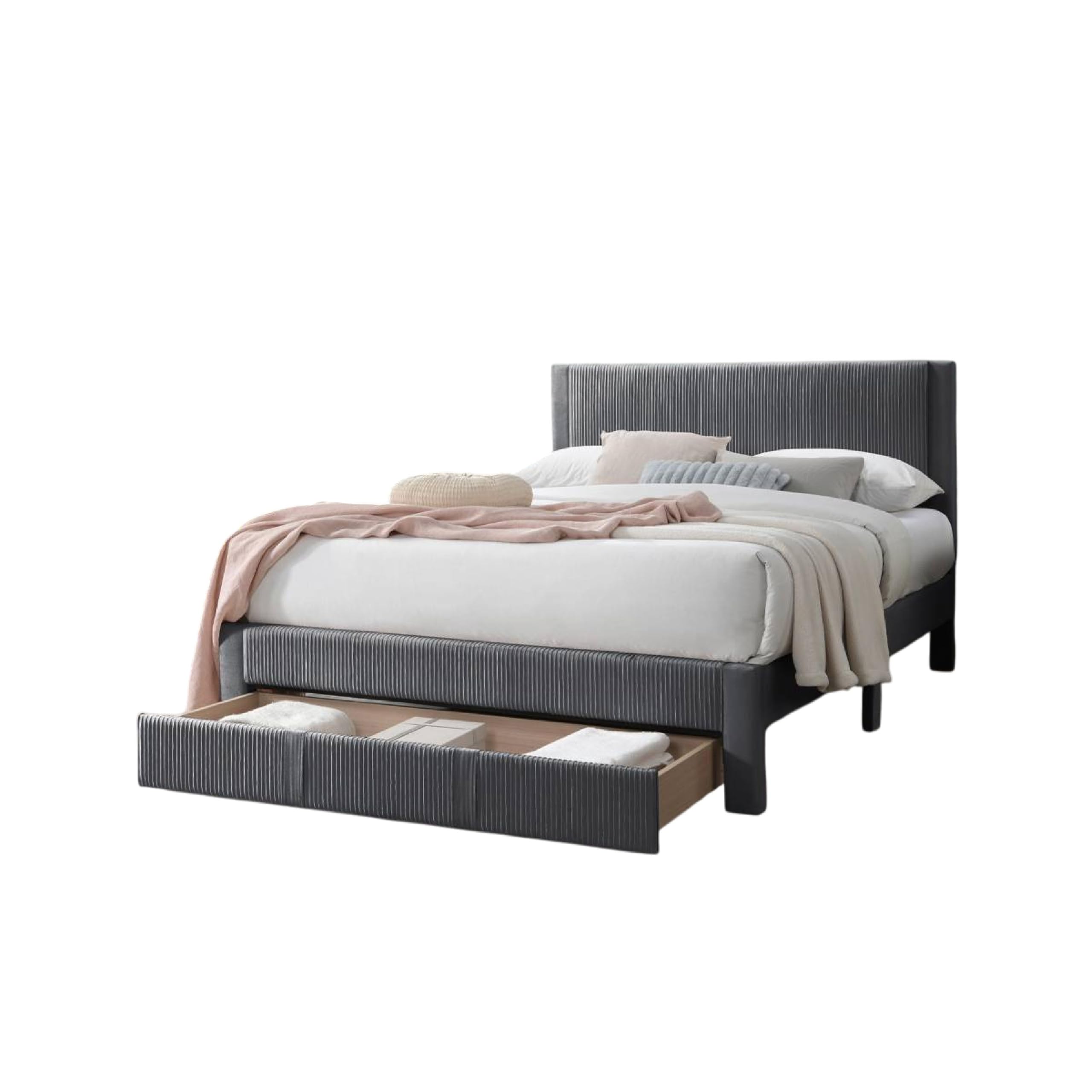 Peo Queen Size Bed w Storage Drawer, Charcoal Gray Corduroy Upholstery