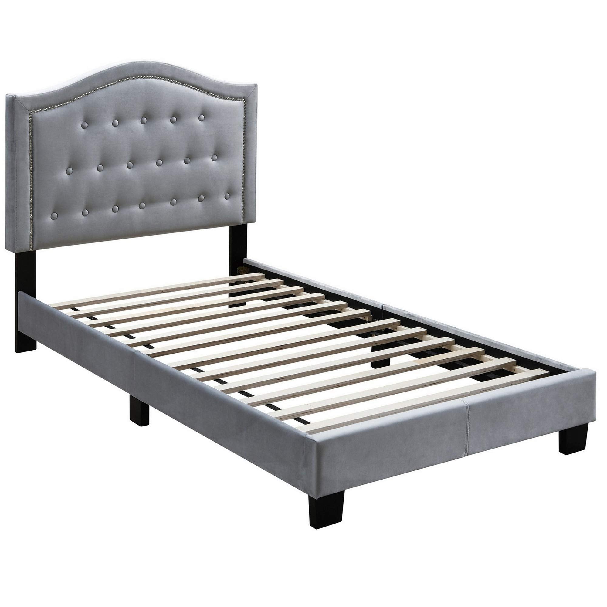 Button Tufted Twin Velvet Bed with Curved Headboard, Gray