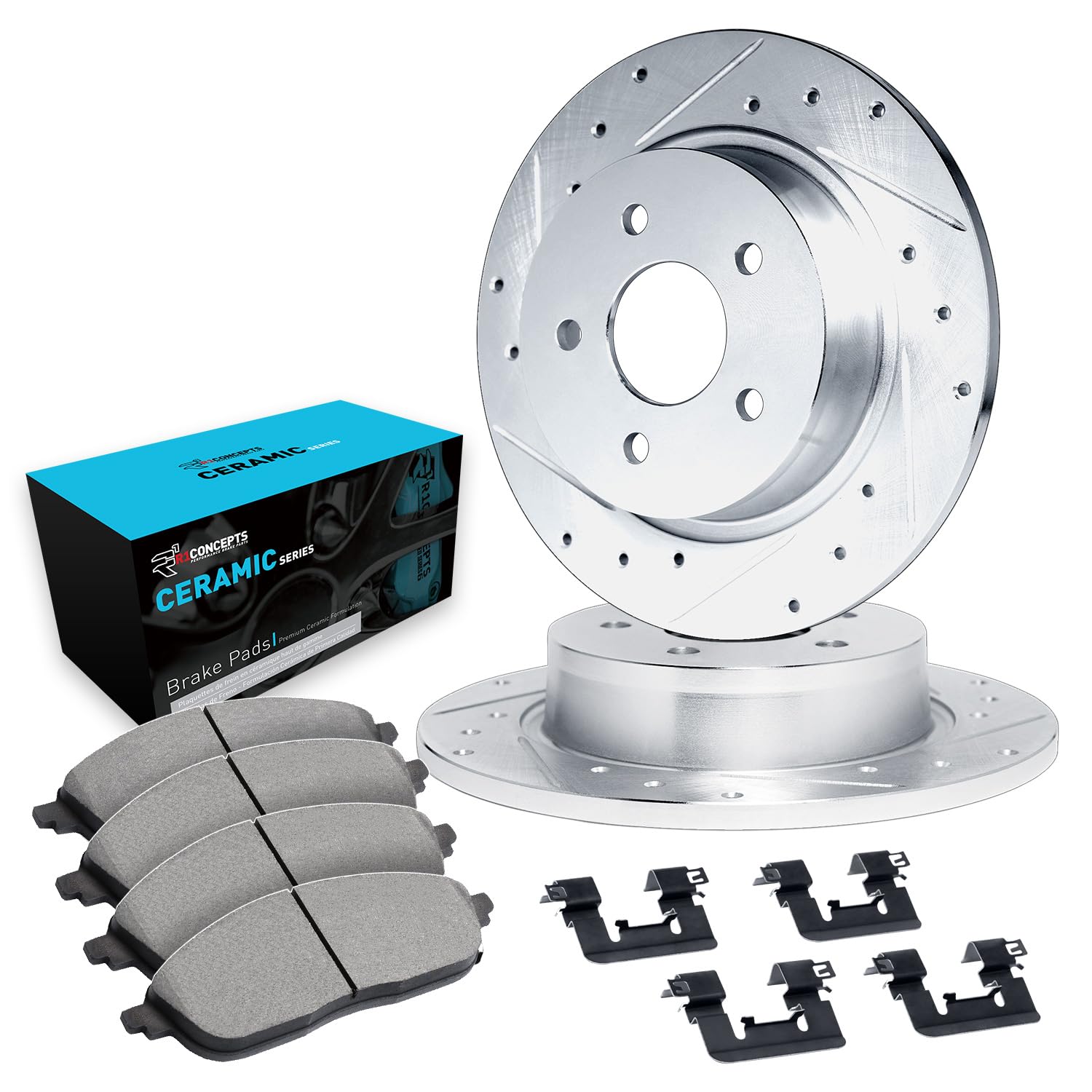 R1 Concepts Drilled and Slotted Silver Disc Brake Rotor Set with Ceramic Pads and Hardware WGWH1-54151