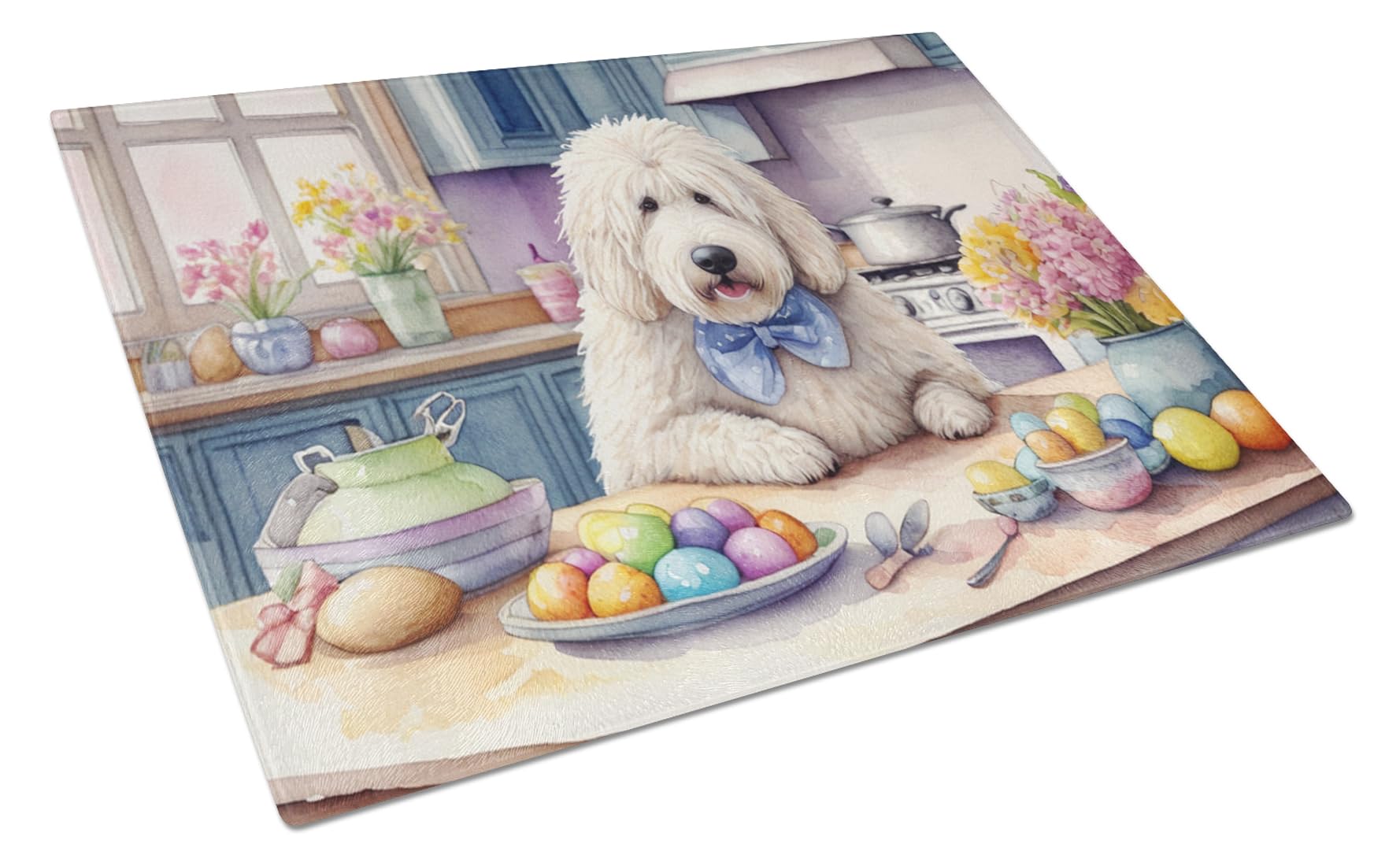 Carolines Treasures DAC6842LCB Decorating Easter Komondor Glass Cutting Board Decorative Tempered Glass Kitchen Cutting and Serving Board Large Size Chopping Board