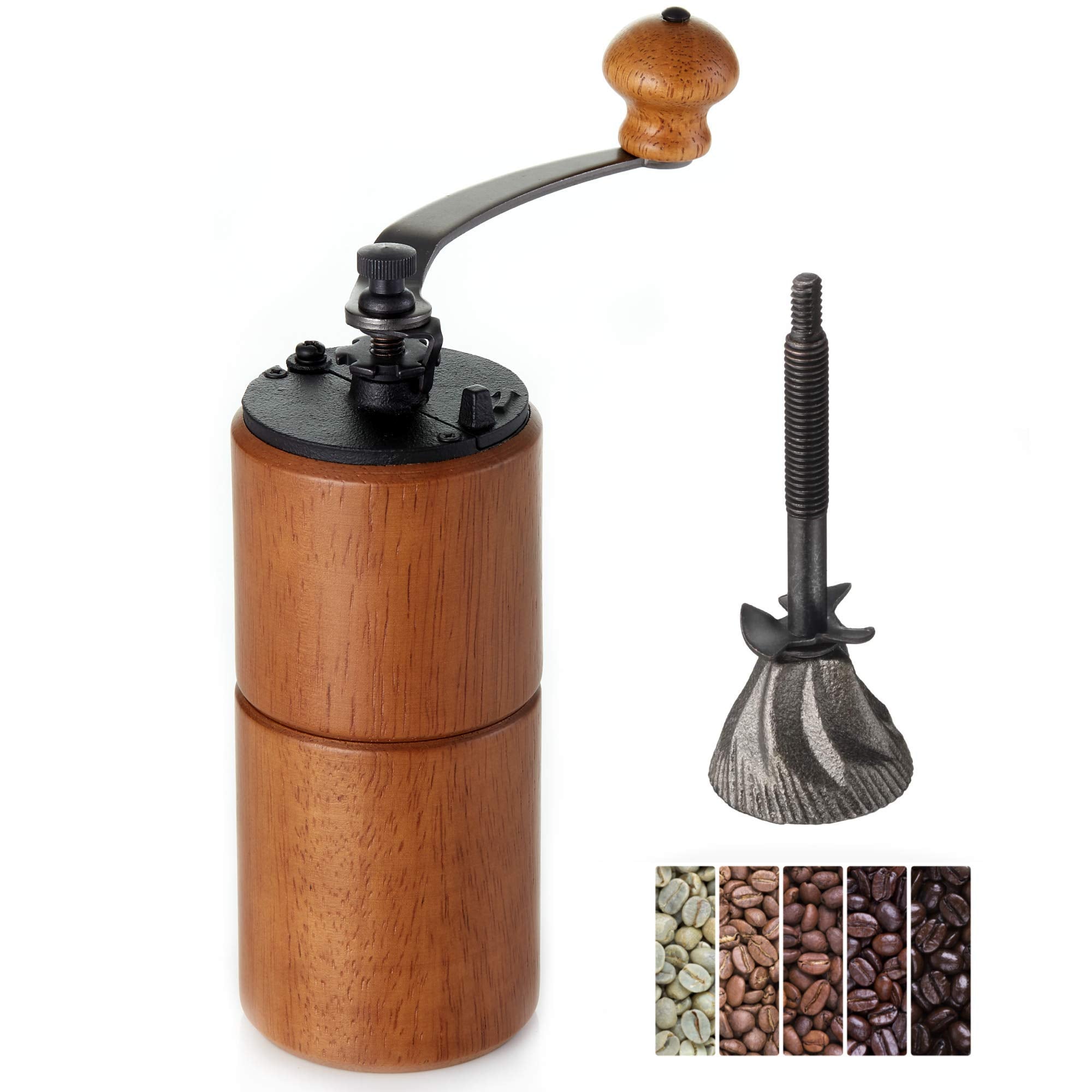 Akirakoki Manual Coffee Bean Grinder Wooden Mill With Cast Iron Burr, Large Capacity Hand Crank, Portable Travel Camping Adjusta