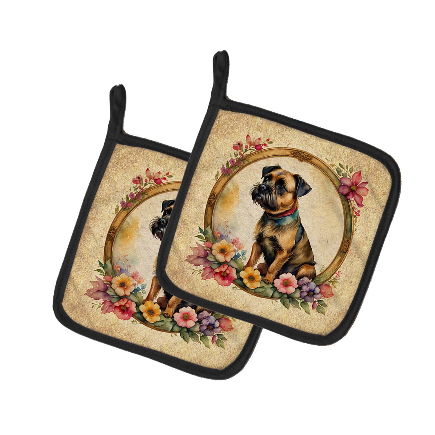 Border Terrier and Flowers Pair of Pot Holders