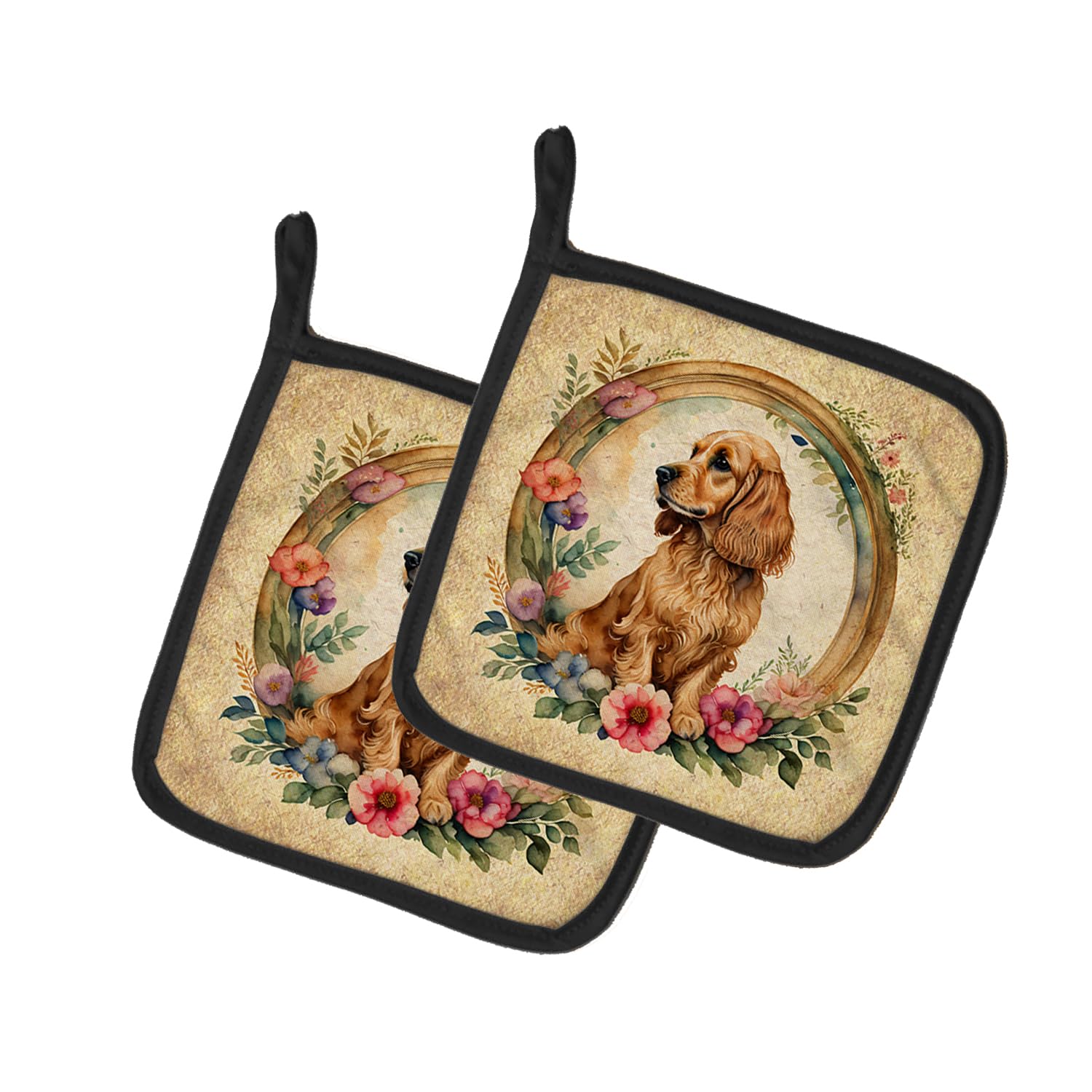 English Cocker Spaniel and Flowers Pair of Pot Holders
