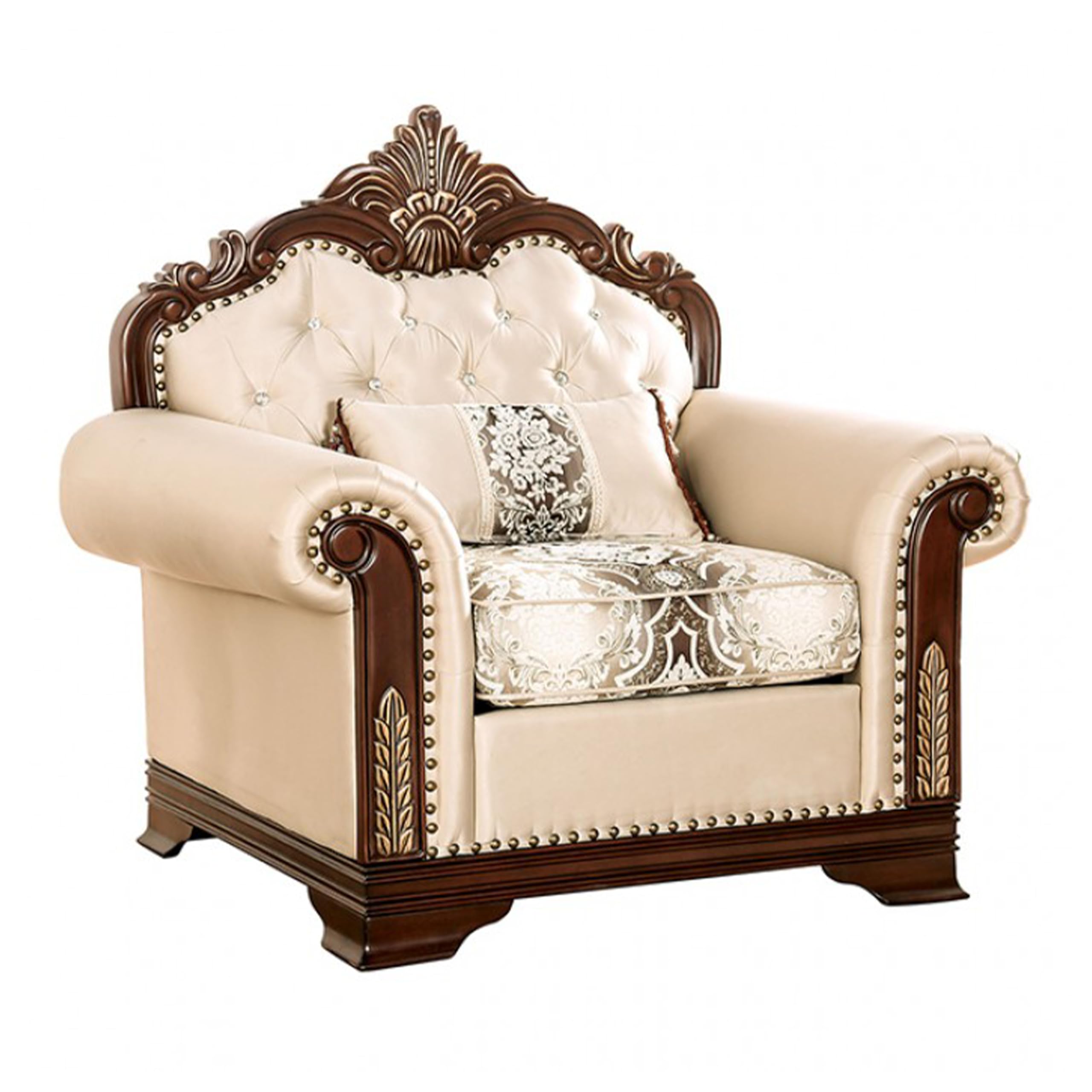 Catie Accent Chair, Beige Rolled Arms, Nailhead, Cherry Brown Solid Wood