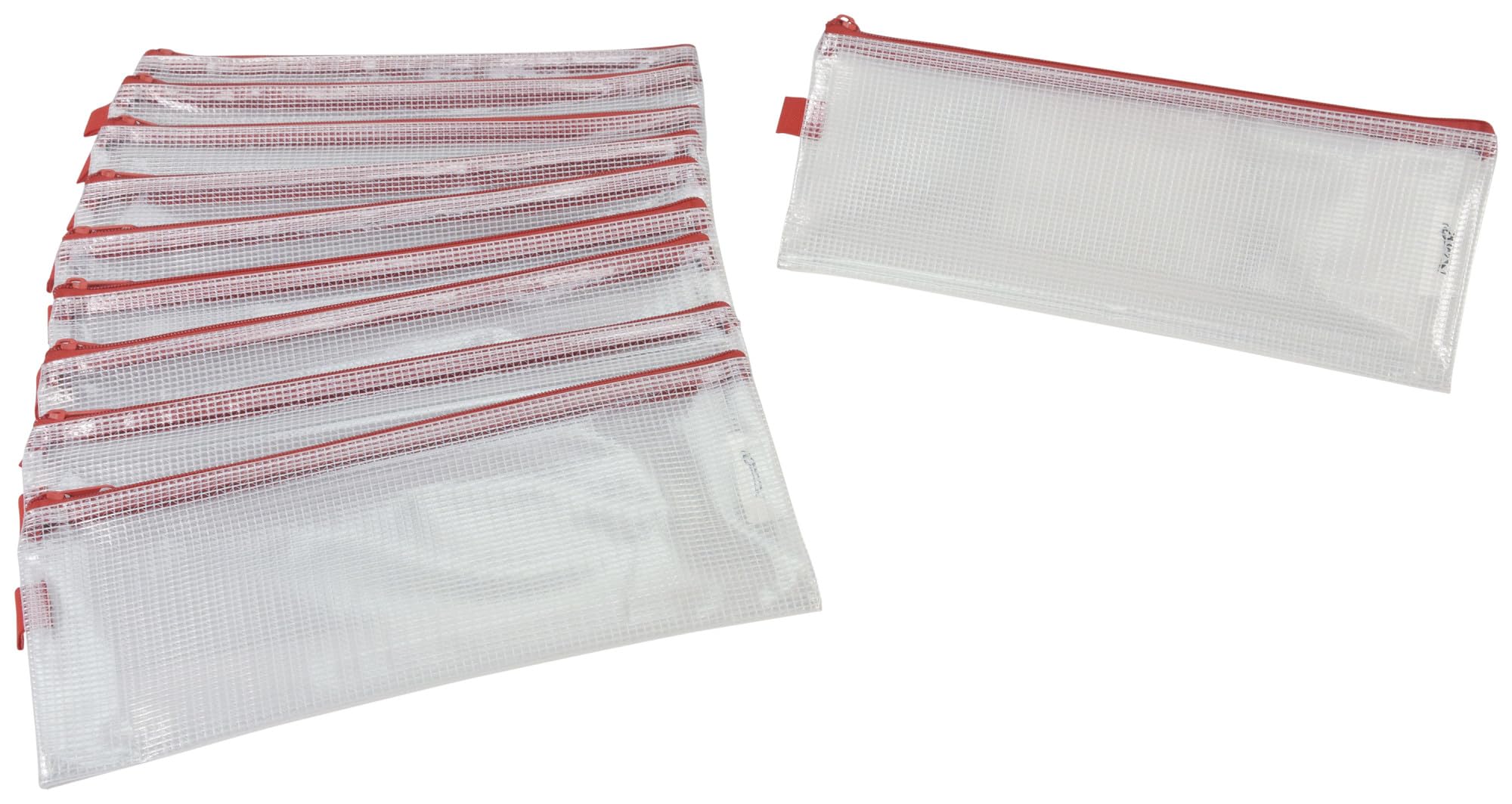 Sax Mesh Zippered Bag, 5 x 13 Inches, Clear with Red Trim, Pack of 10