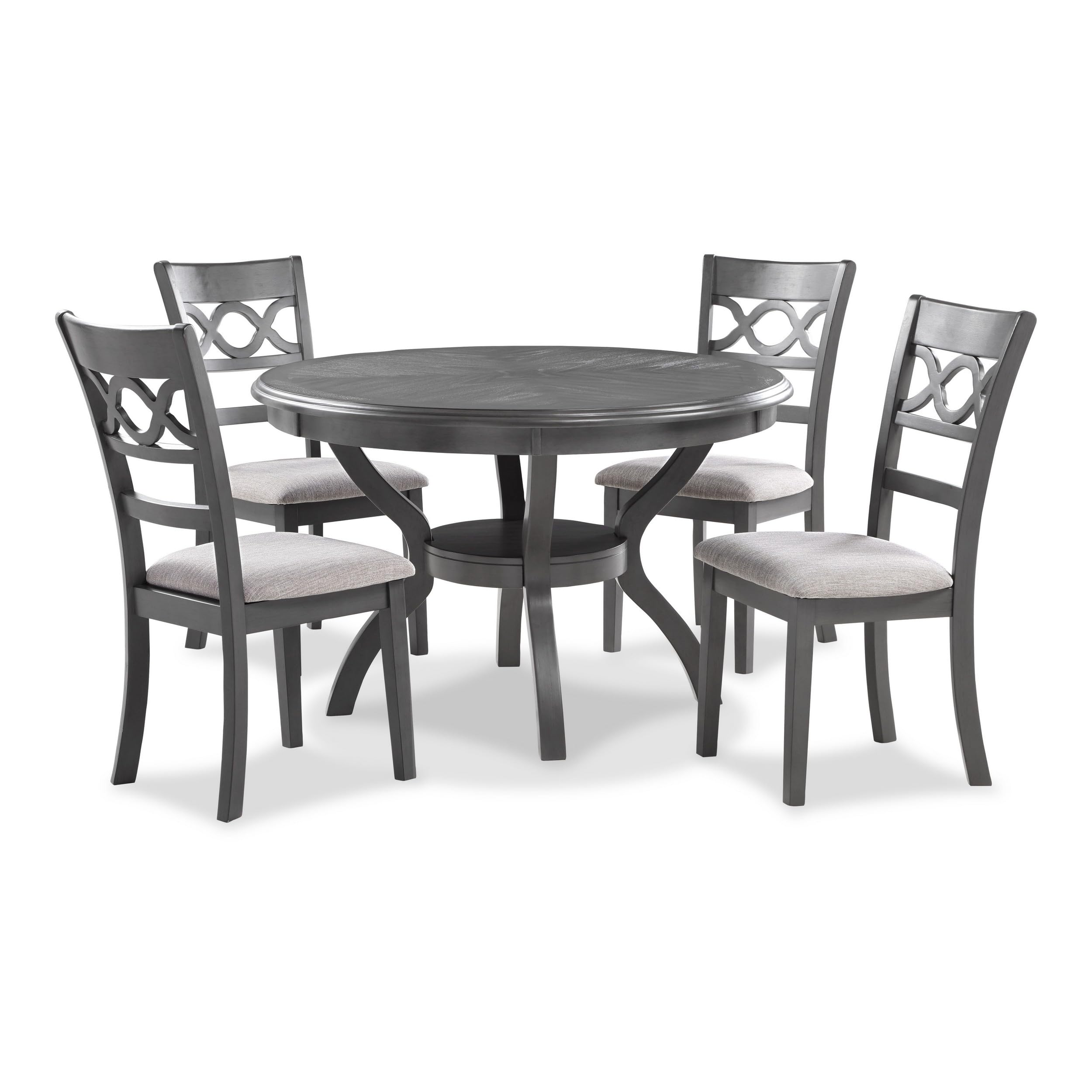 Ceri 5 Piece Round Dining Table and Chair Set, Gray Wood, White Fabric
