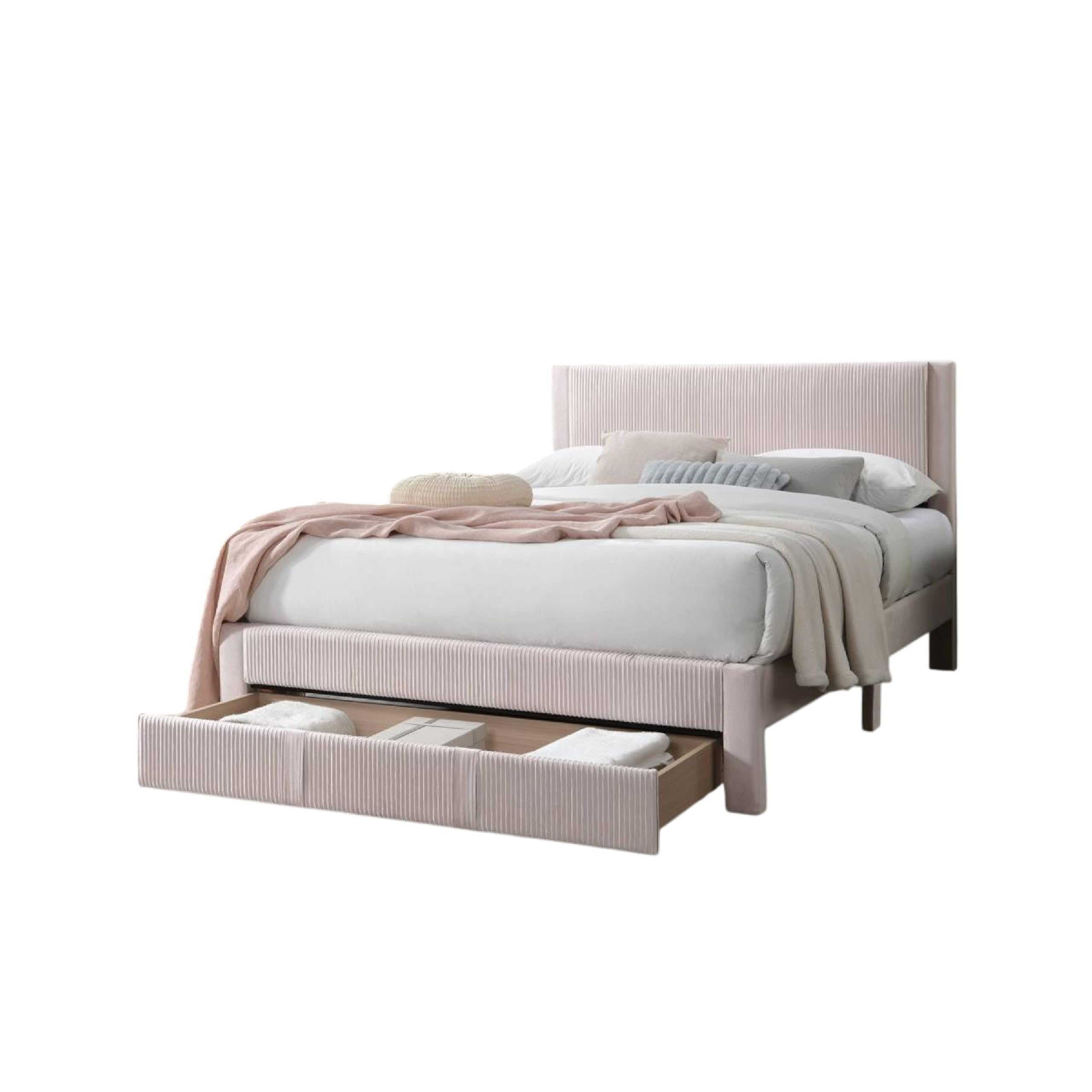 Peo Queen Size Bed w Storage Drawer, Light Pink Corduroy Upholstery