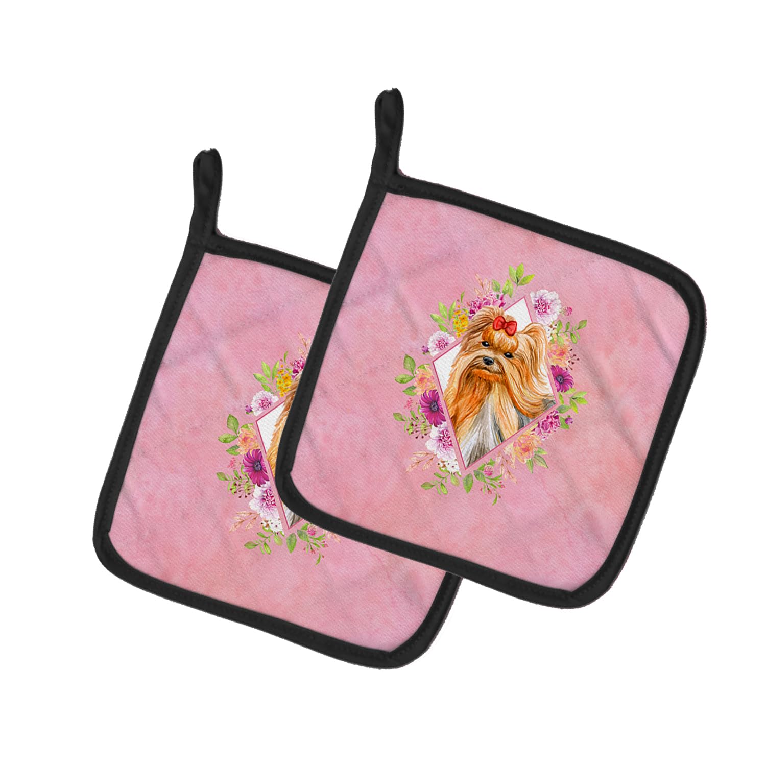 Yorkshire Terrier #2 Pink Flowers Pair of Pot Holders