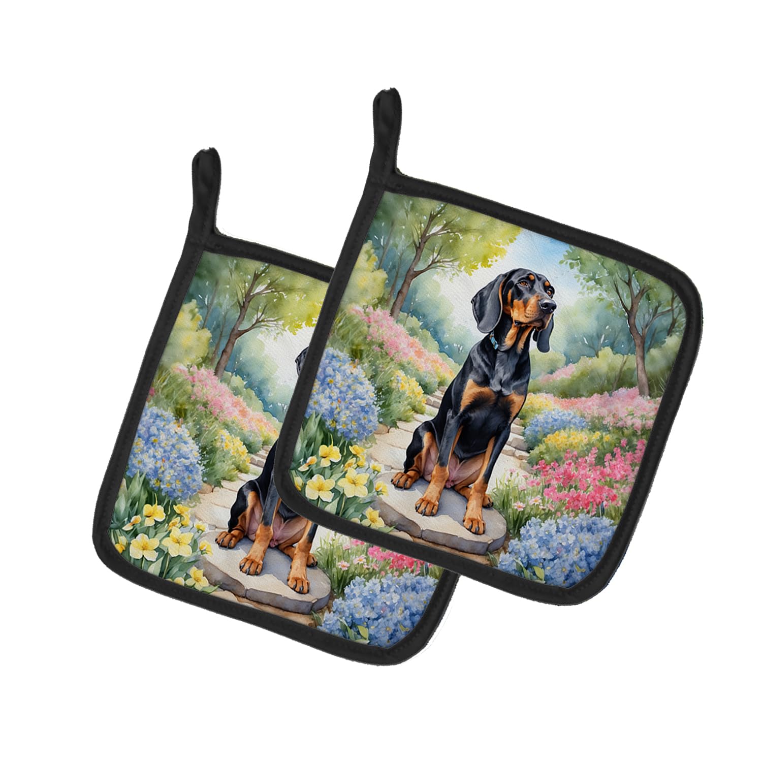 Black and Tan Coonhound Spring Path Pair of Pot Holders