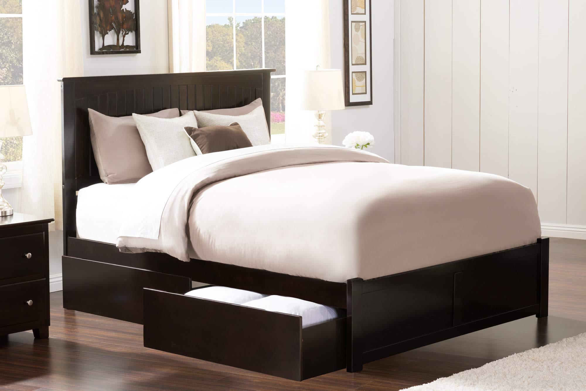 Nantucket King Solid Wood Platform Bed with Footboard & 2 Storage Drawers in Espresso