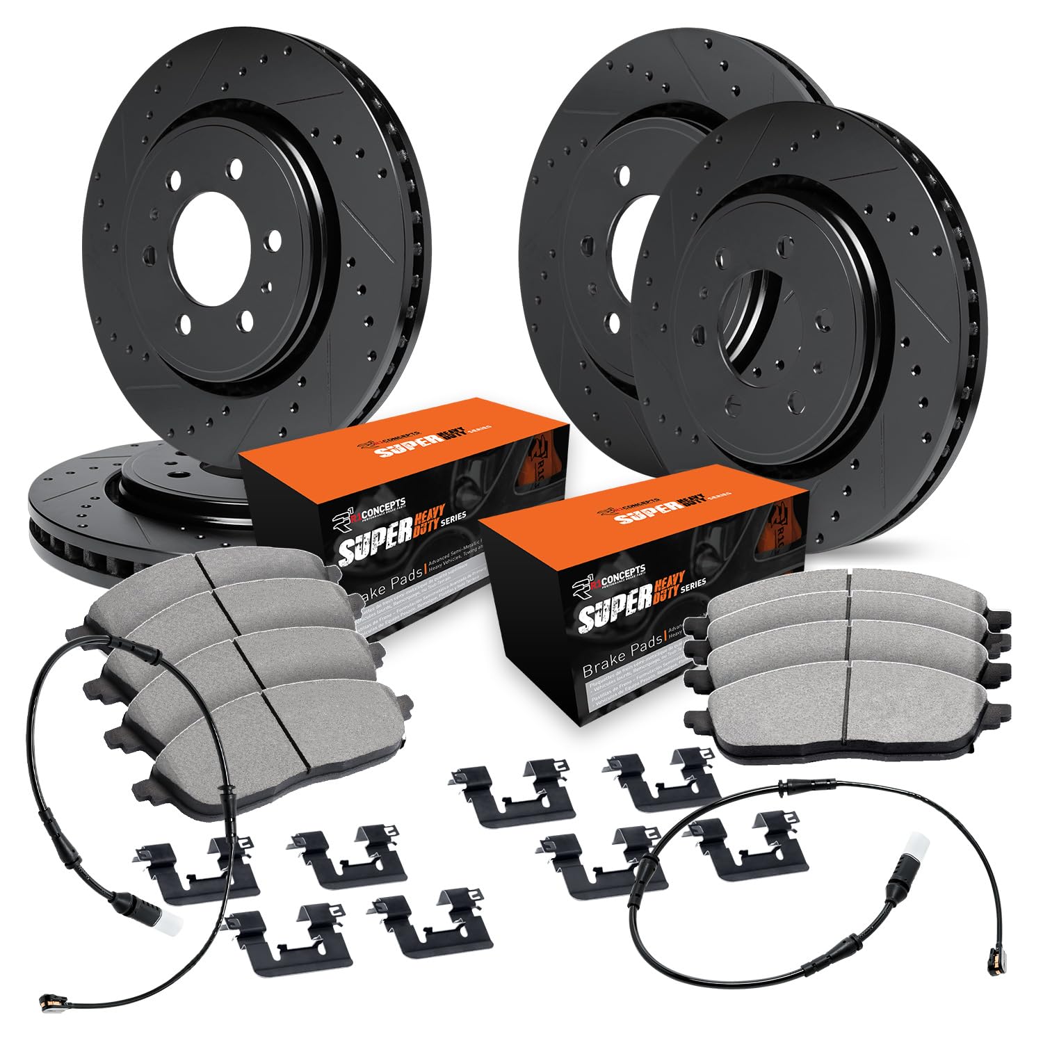 R1 Concepts Drilled and Slotted Black Disc Brake Rotor Set with Super Duty Pads, Sensor, and Hardware WHXS2-40010