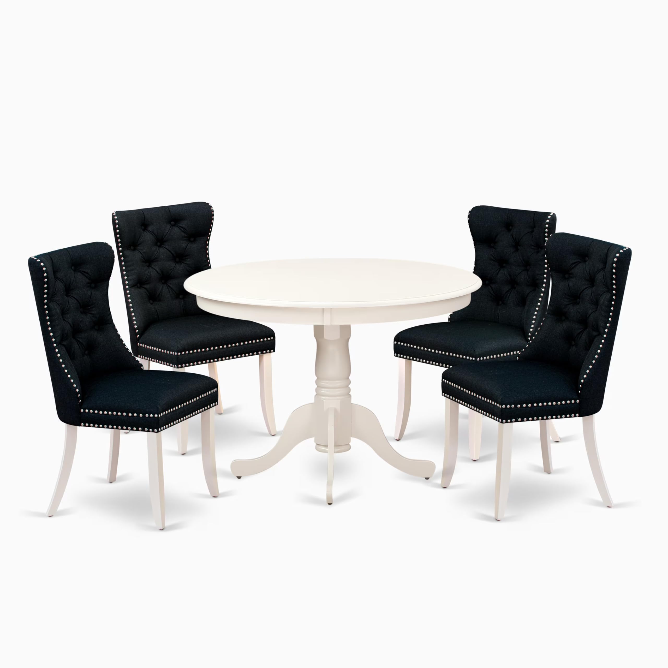 East West Furniture HLDA5-LWH-24 5 Piece Dining Room Table Set Consists of a Round Wooden Table with Pedestal and 4 Upholstered Chairs, 42x42 Inch, linen white