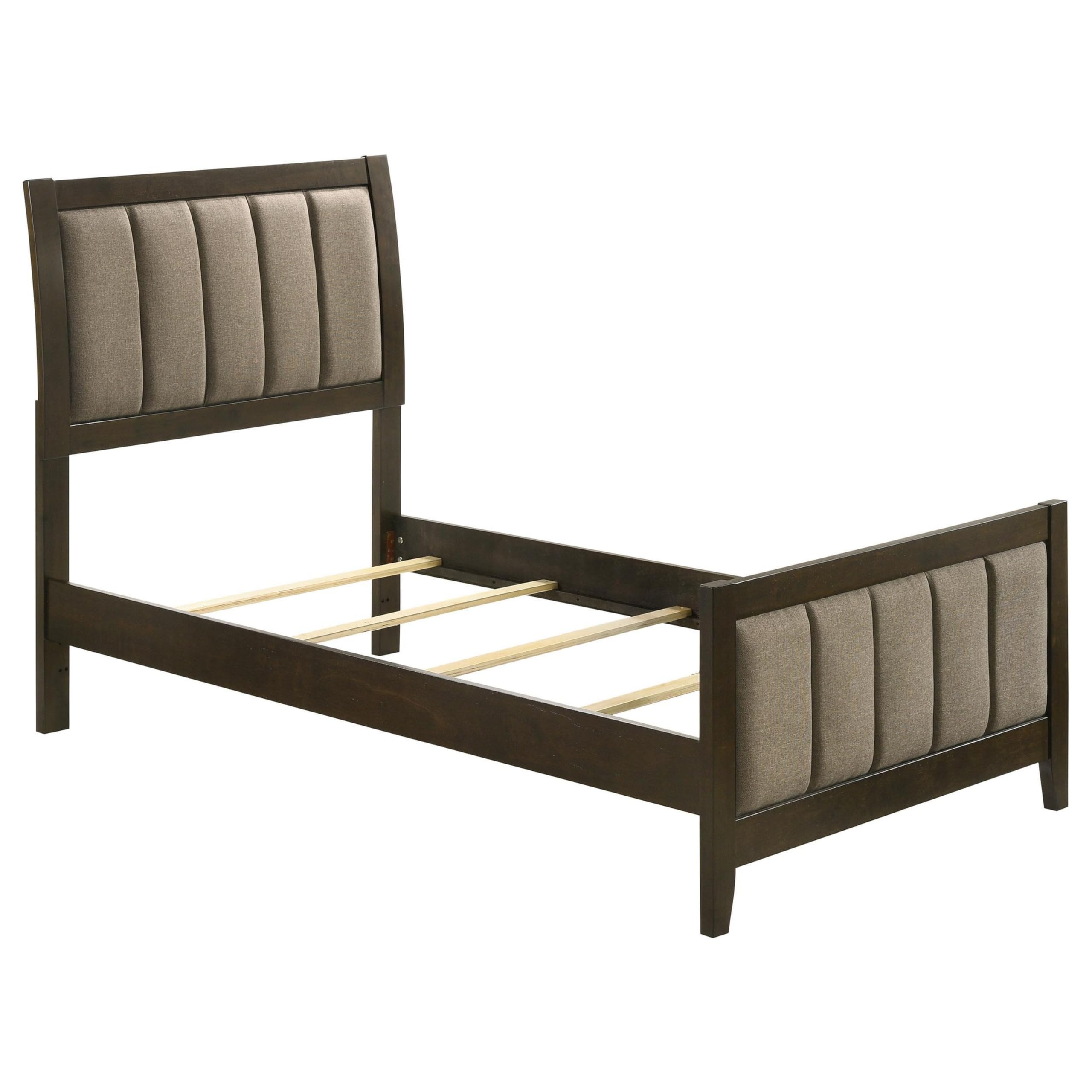 Wily Twin Size Bed, Channel Tufted Upholstered Headboard, Dark Brown