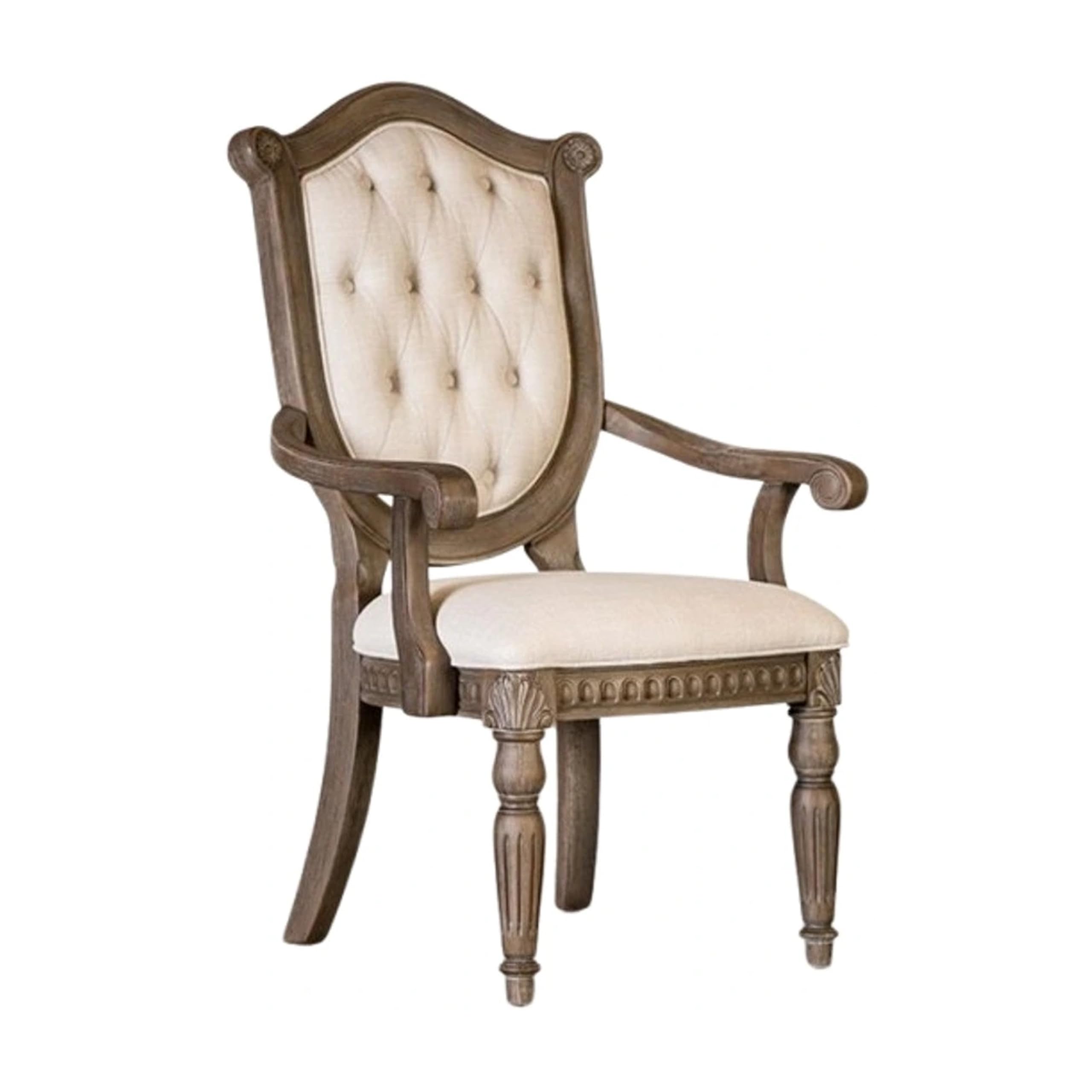 Hama Dining Armchair Set of 2, Weathered Oak Wood, Tufted Beige Fabric