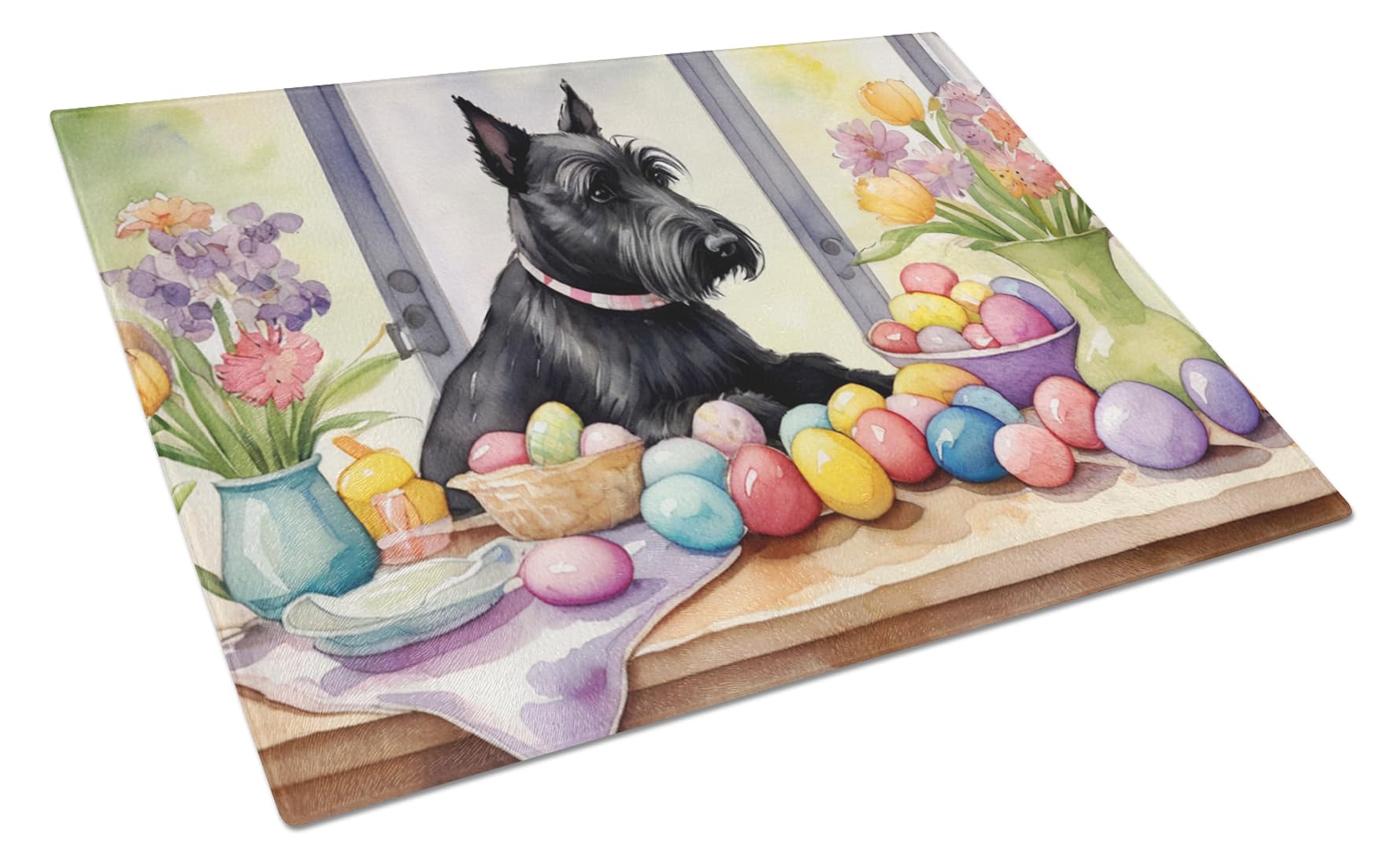 Carolines Treasures DAC6895LCB Decorating Easter Scottish Terrier Glass Cutting Board Decorative Tempered Glass Kitchen Cutting and Serving Board Large Size Chopping Board