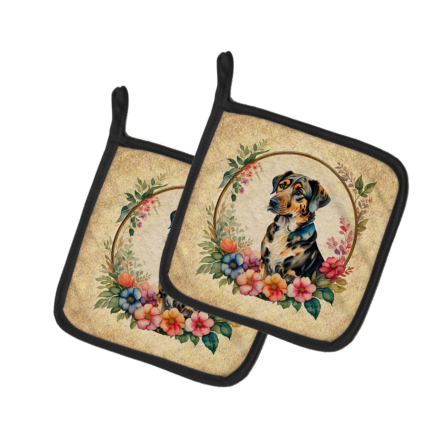 Catahoula Leopard Dog and Flowers Pair of Pot Holders