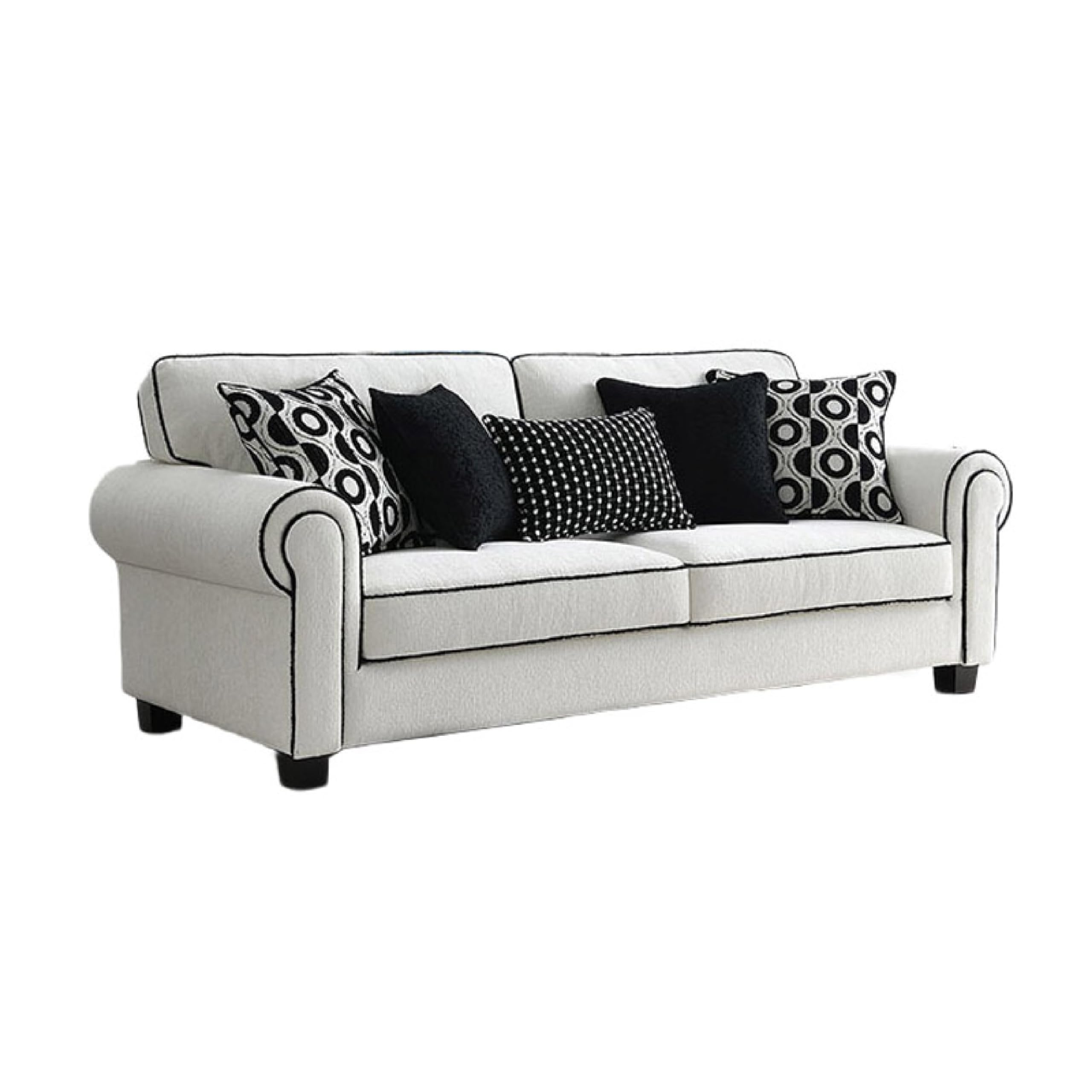 Viani Sofa, Roll Arms, Flange Trim, 5 Pillows, White Chenille 87 Inch
