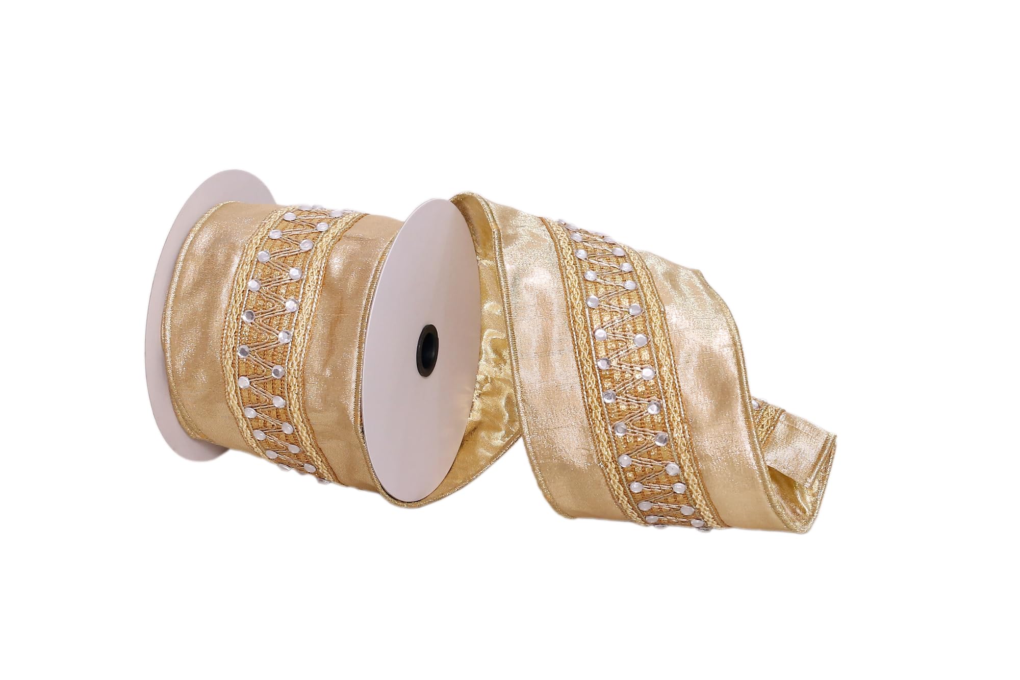 Casafoyer  4” x 5 Yards Gold with Silver Jewels Wired Edge Christmas Ribbon. - (Pack Of 2)