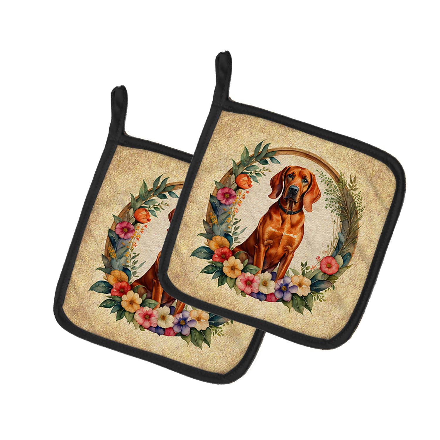 Redbone Coonhound and Flowers Pair of Pot Holders
