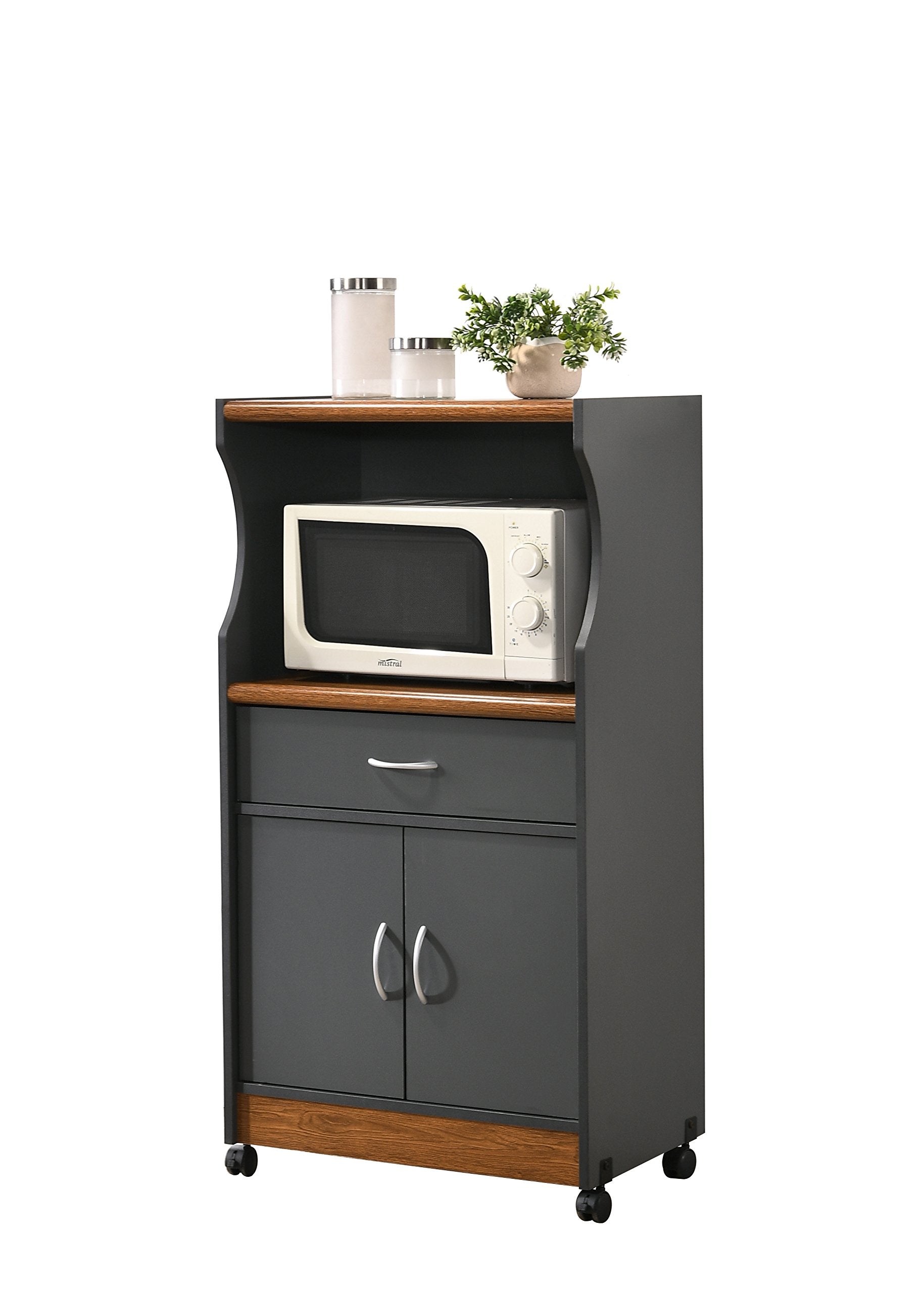 Hodedah Import Microwave Cart With One Drawer, Two Doors, And Shelf For Storage, Grey-Oak