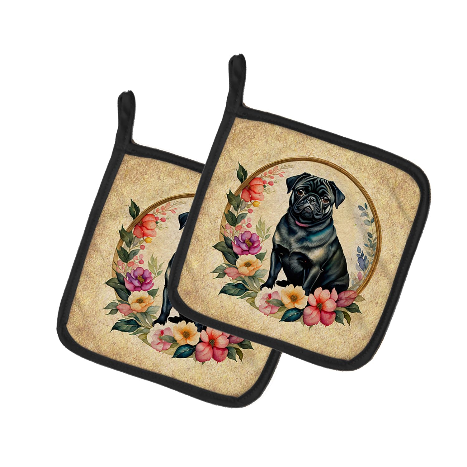Black Pug and Flowers Pair of Pot Holders