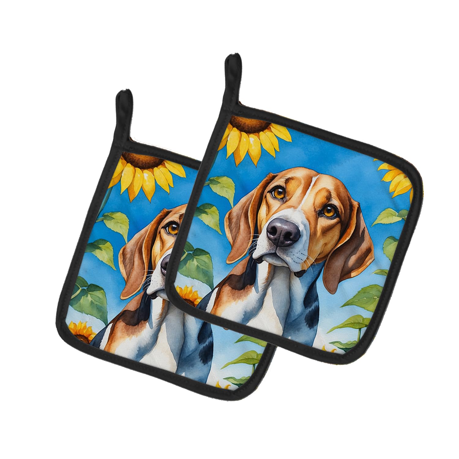 American Foxhound in Sunflowers Pair of Pot Holders