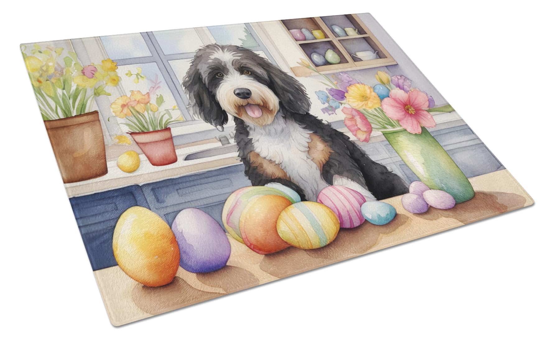 Carolines Treasures DAC6761LCB Decorating Easter Bernedoodle Glass Cutting Board Decorative Tempered Glass Kitchen Cutting and Serving Board Large Size Chopping Board